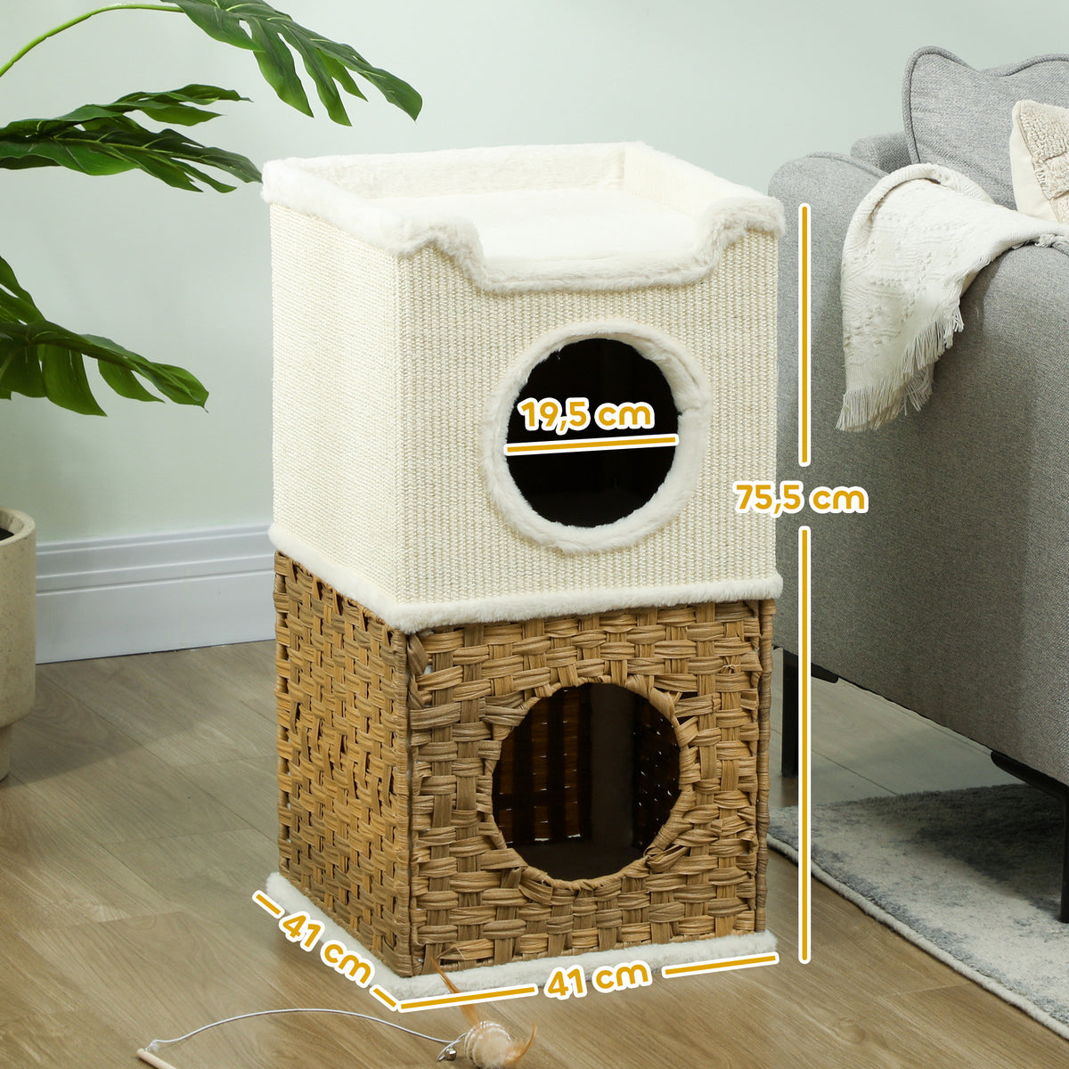 Niche pour chat d'intérieur à 3 niveaux, tour pour chat avec griffoir en sisal à griffer 41 x 41 x 75,5 cm, crème