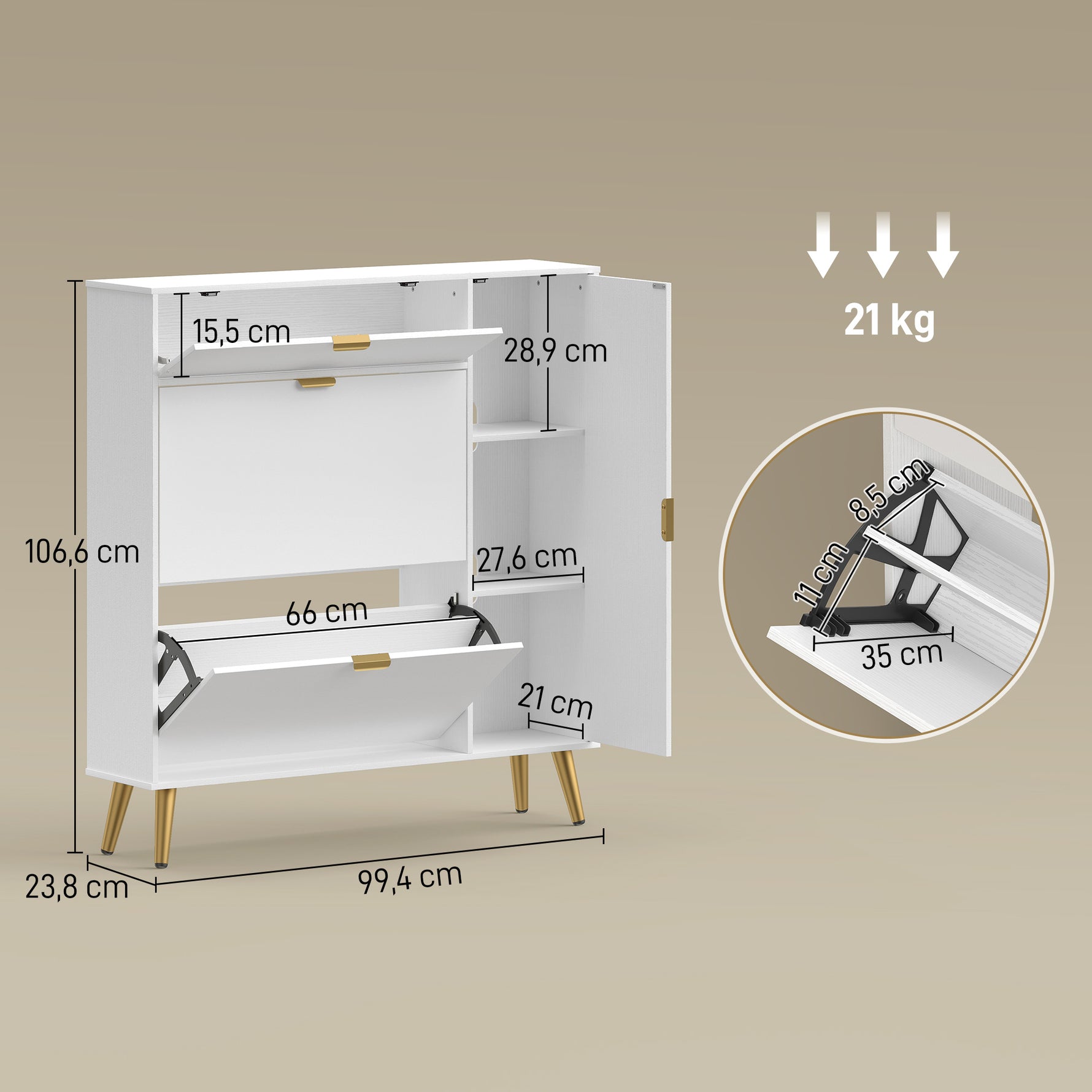 Meuble à chaussures 12 paires, armoire à chaussures, 2 tiroirs rabattables, 4 compartiments, 99,4x23,8x106,6cm, blanc