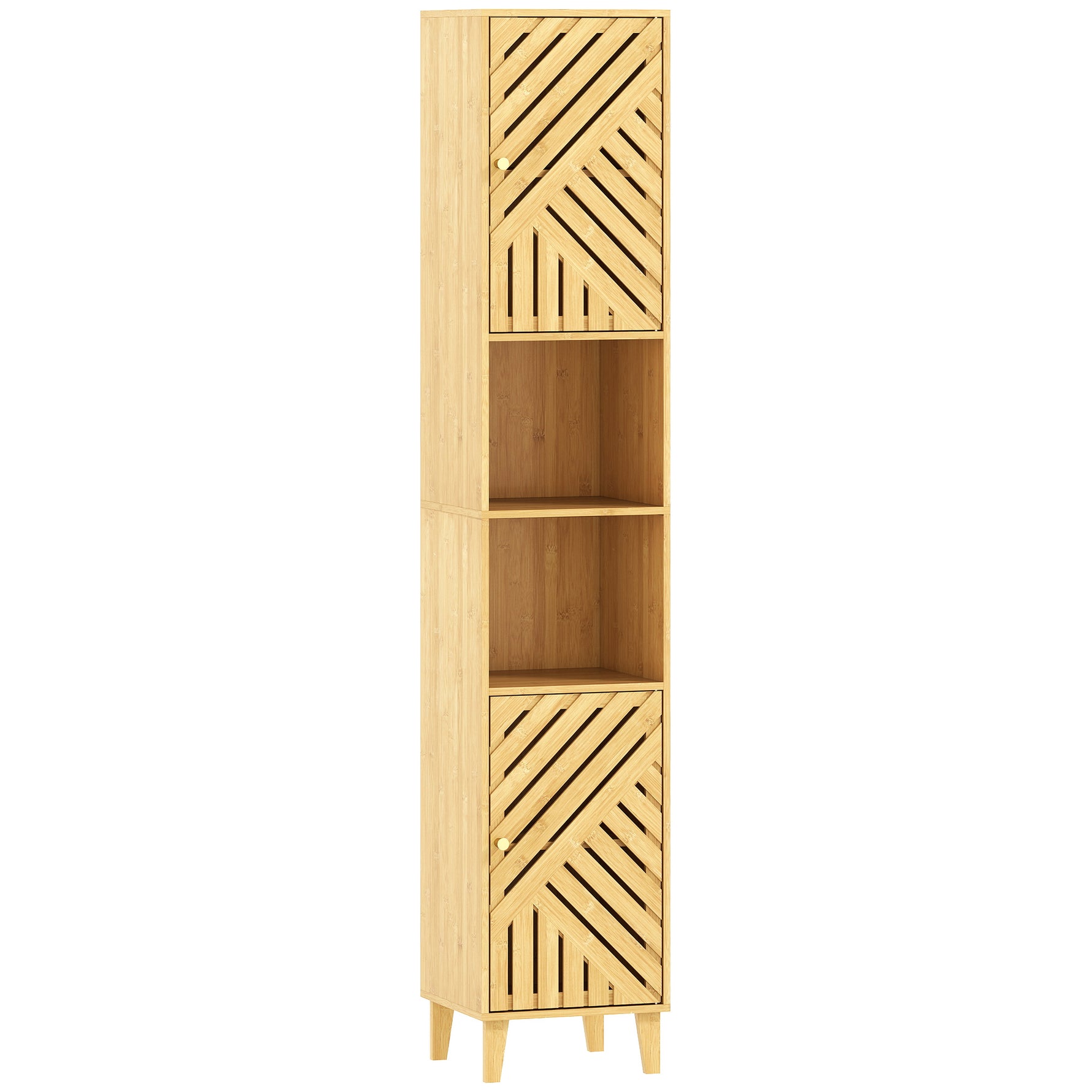 Armoire salle de bain, meuble de rangement colonne, portes en bambou, étagères réglables, 32x30x170cm, bois naturel