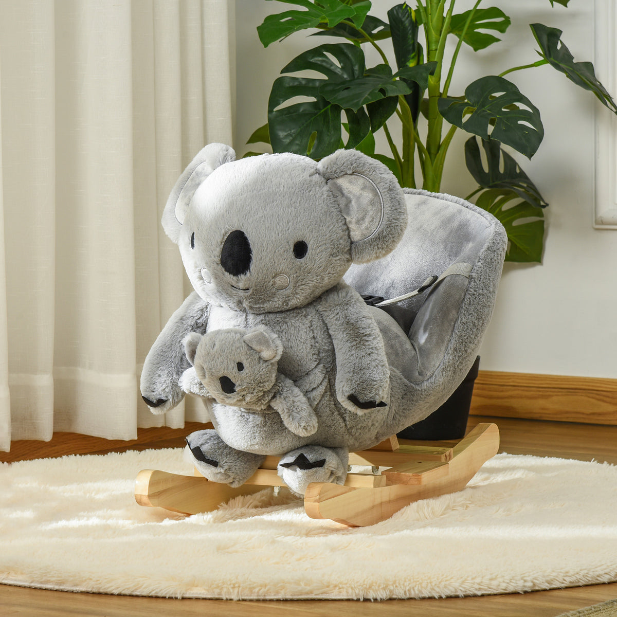 Koala kulunka-jostailua txotxongiloarekin - Orro soinu-efektua - Besaulki integratua, segurtasun-uhala - 18-36 hilabete bitartekoentzat - Makal egurra, peluxea, poliesterra, grisa