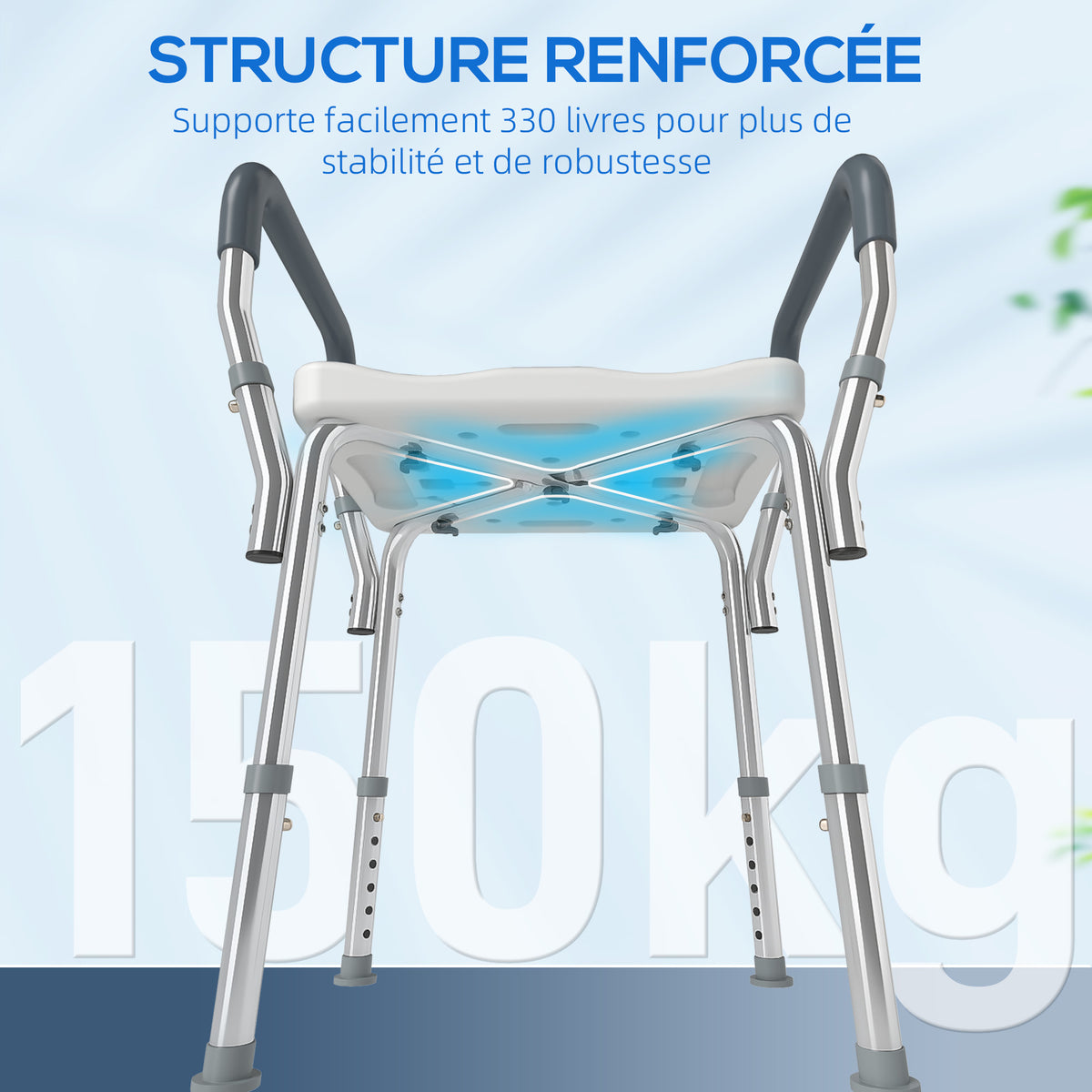 Shower stool for the elderly and disabled with armrests, height adjustable, non-slip feet, gray
