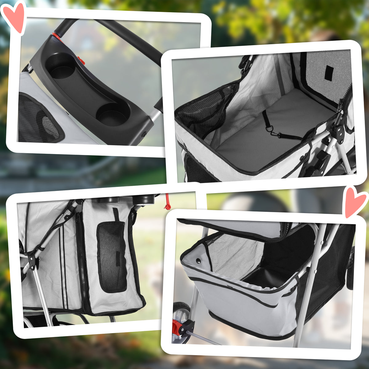 Poussette Buggy Pliable Animaux, Chariot Pliant Chien Chat, Porte-Gobelet Panier De Rangement Inclus, Roues Avec Frein, Tissu 600D Oxford Acier, 75 x 45 x 97 cm Gris