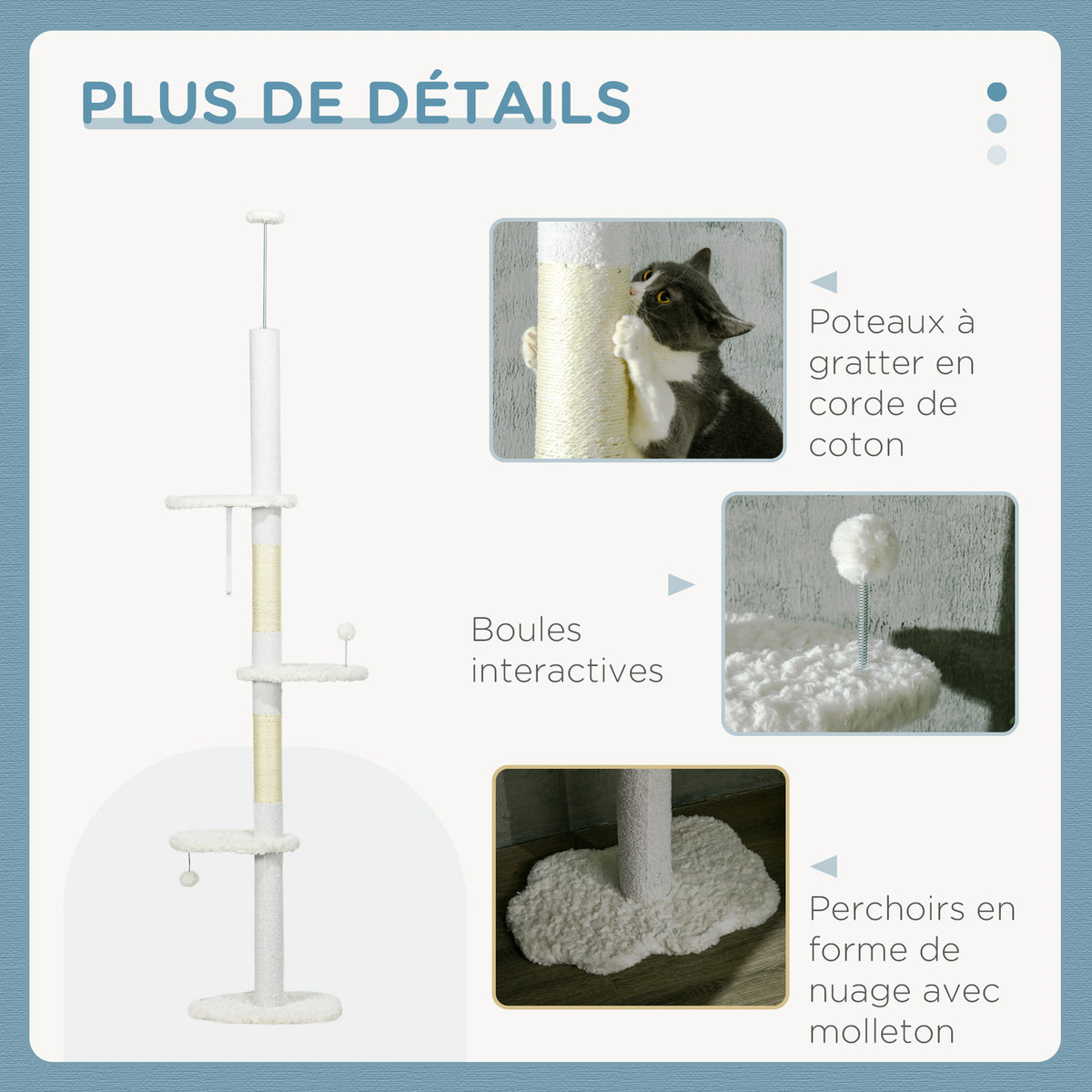 Krabpaal 225-255 cm in hoogte verstelbaar kattentoren 3 krabpalen en 2 balletjes 48x32x225-255 cm wit