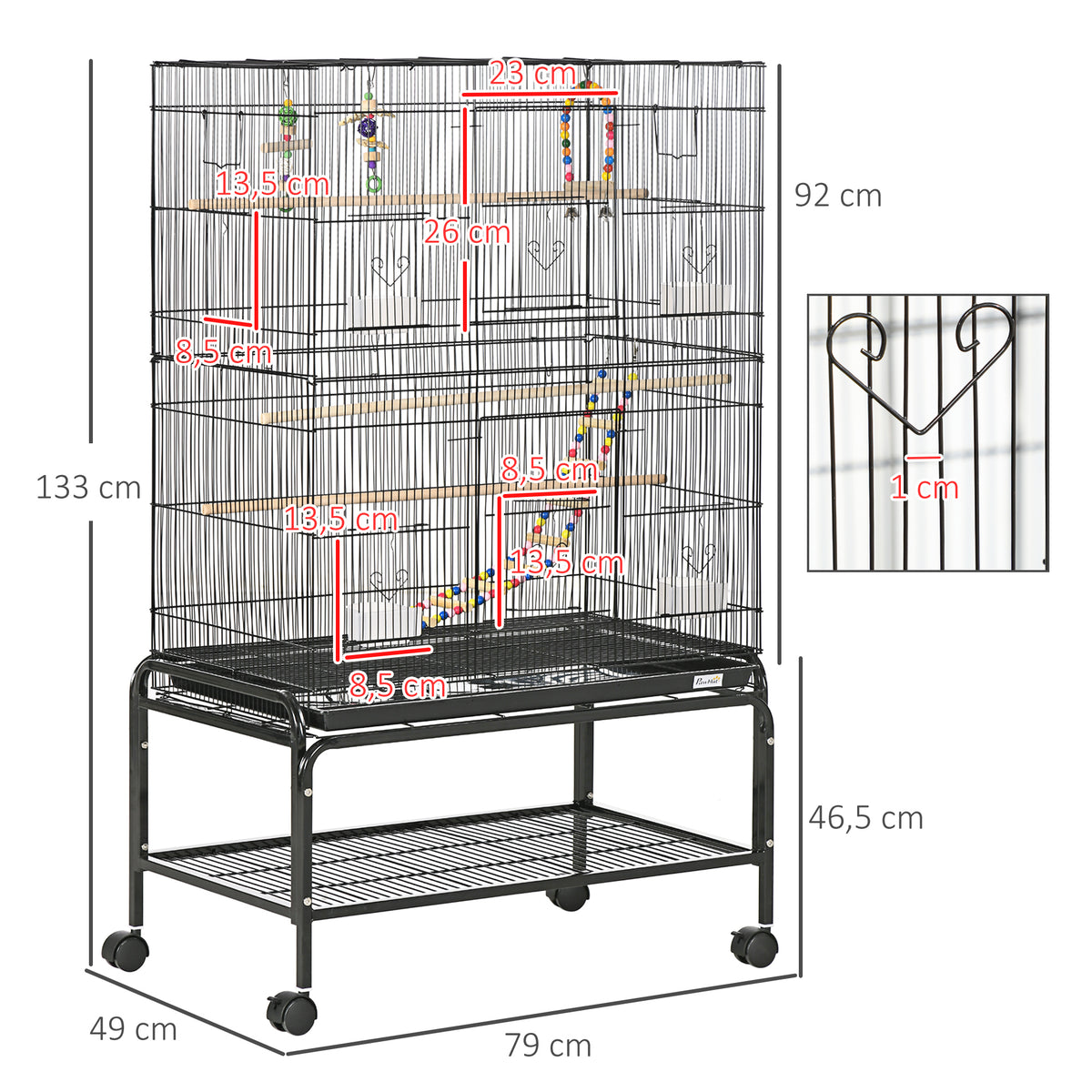 Cage à oiseaux sur pieds roulettes avec 4 mangeoires et 3 perchoirs 79 x 49 x 133 cm noir