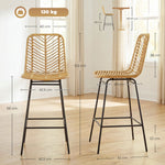 Lot de 2 tabourets de bar design bohème Hauteur 66 cm avec repose-pieds métal et rotin PE - naturel