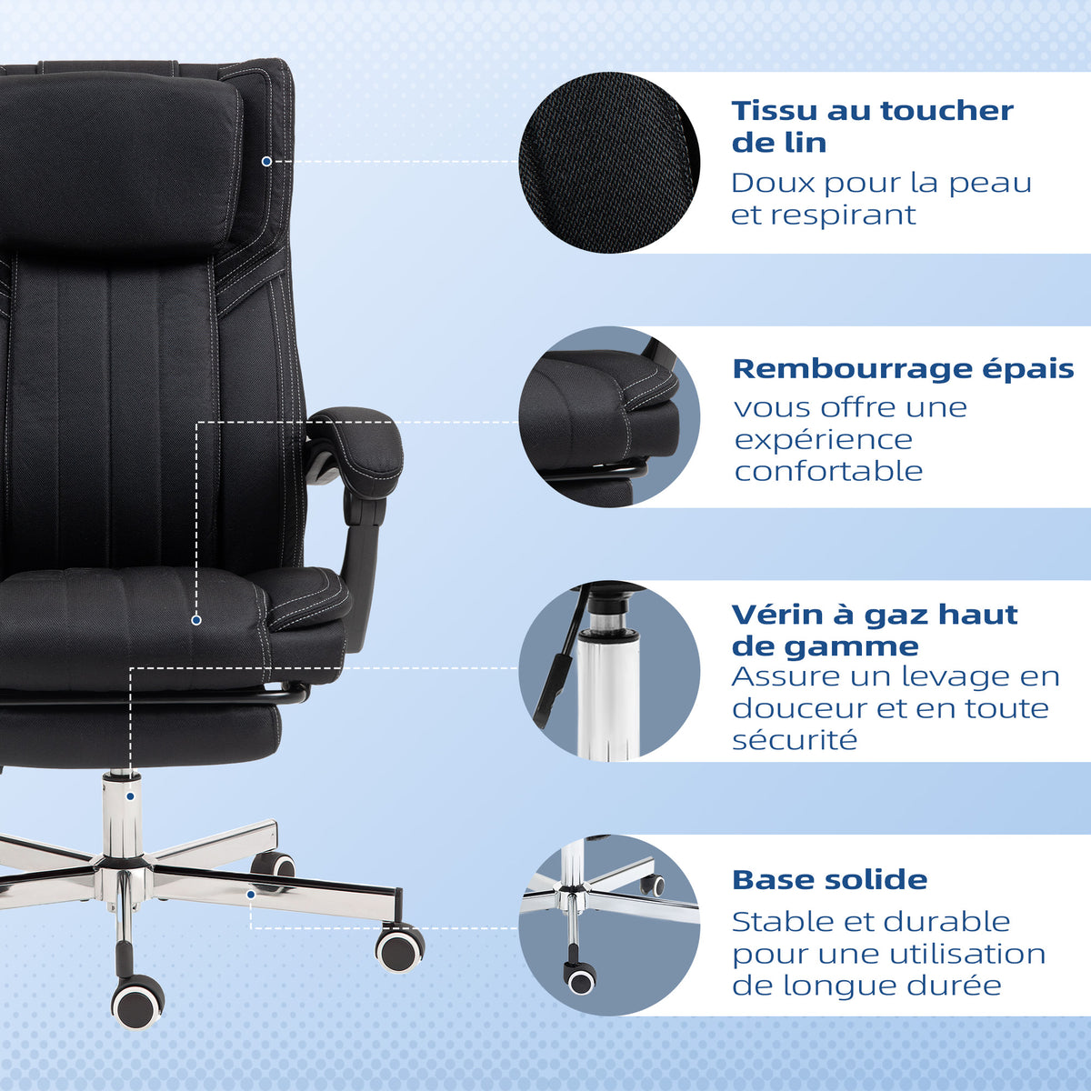 Chaise de bureau siège pivotant dossier inclinable hauteur réglable 65 x 61 x 105-113 cm noir
