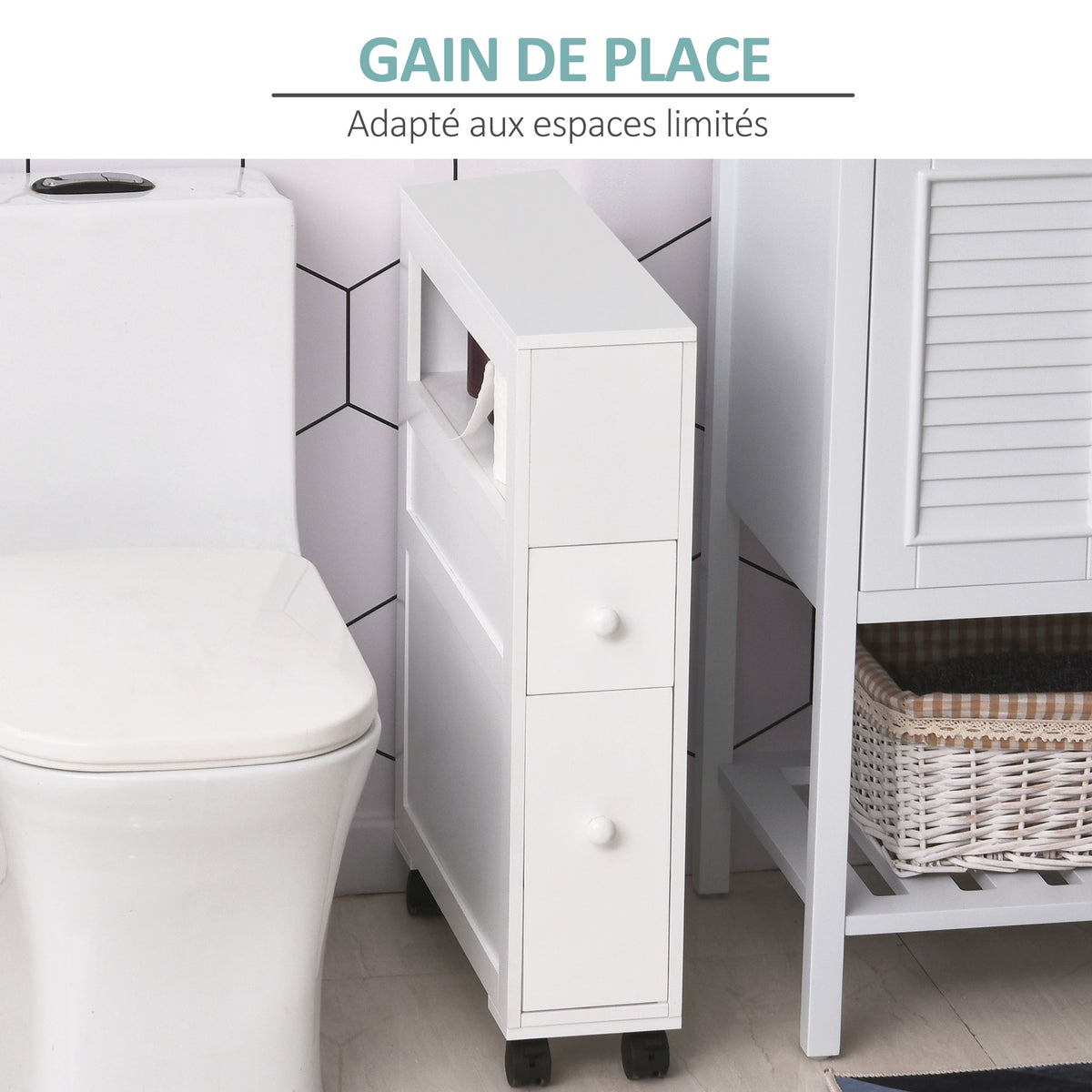 Badezimmer-Rollwagen, WC-Schrank, offenes Regal mit 2 Schubladen, 16 x 52 x 71,5 cm, weiß