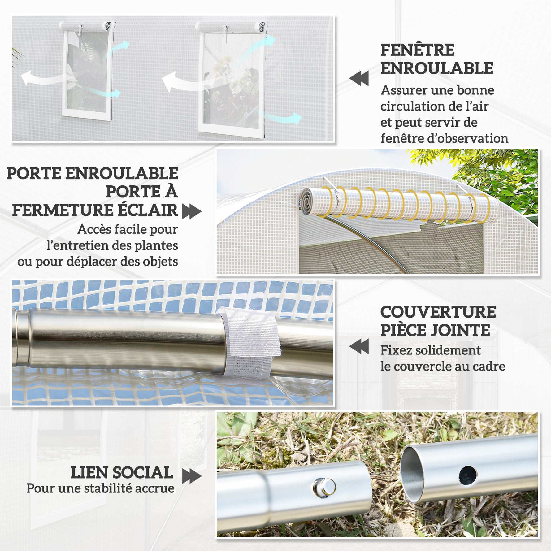 Serre de jardin tunnel 13,5 m² 6 fenêtres, porte zippée enroulable châssis acier galvanisé, bâche PE 4,5 x 3 x 2 m blanc
