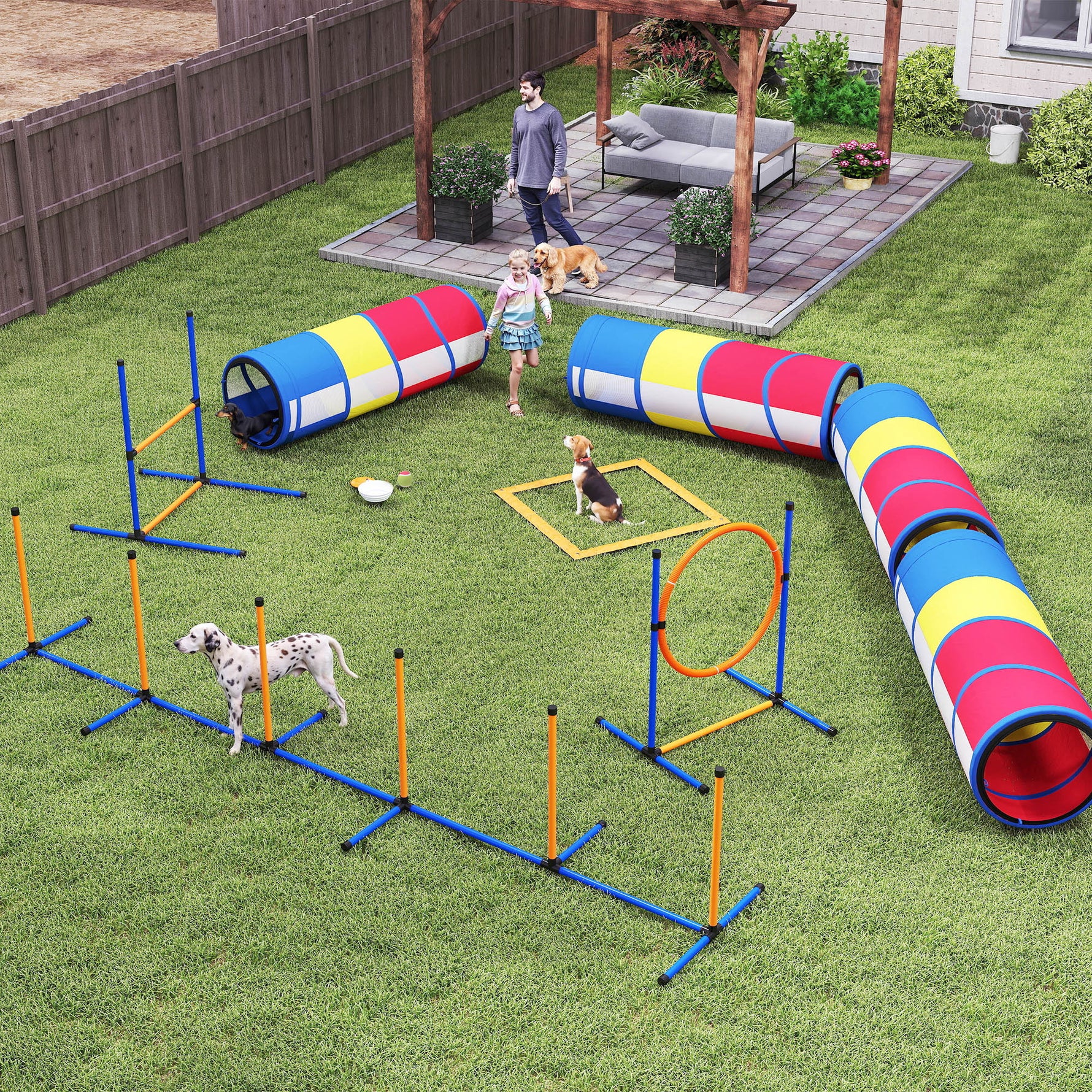 Équipement d'Agilité pour Chien 12 Pièces, 4 Tunnels, Sauts Ajustables, Anneau, Slaloms, 357x65x68cm, Multicolore