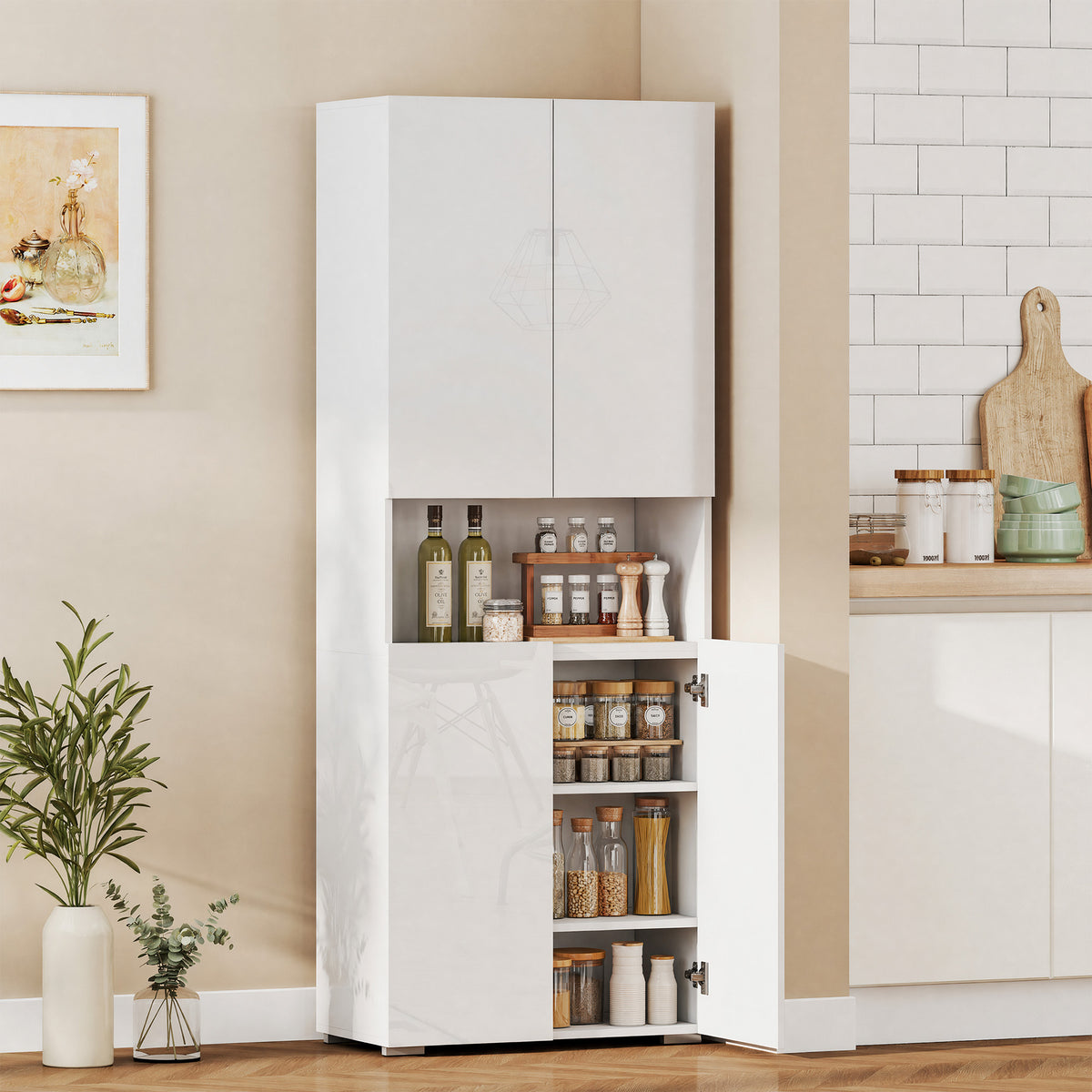 Buffet haut cuisine, armoire de cuisine, 4 portes à fermeture douce et étagères réglables, 68x34x180cm, blanc brillant