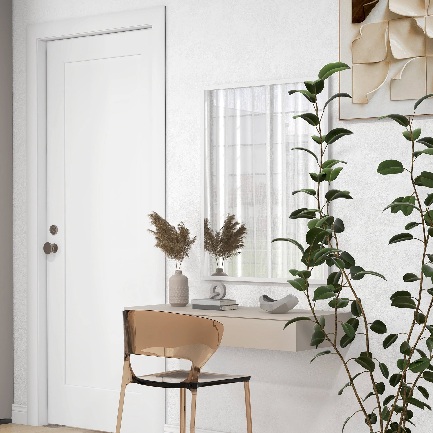 Miroir mural rectangulaire 90 x 70 cm, cadre en bois blanc, idéal pour la salle de bain, salon ou chambre