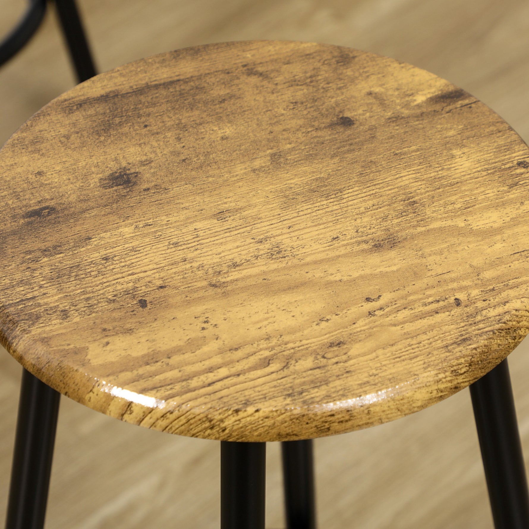 Ensemble table haute et 4 tabourets avec Repose-Pieds, métal noir et aspect bois pour cuisine salle à manger