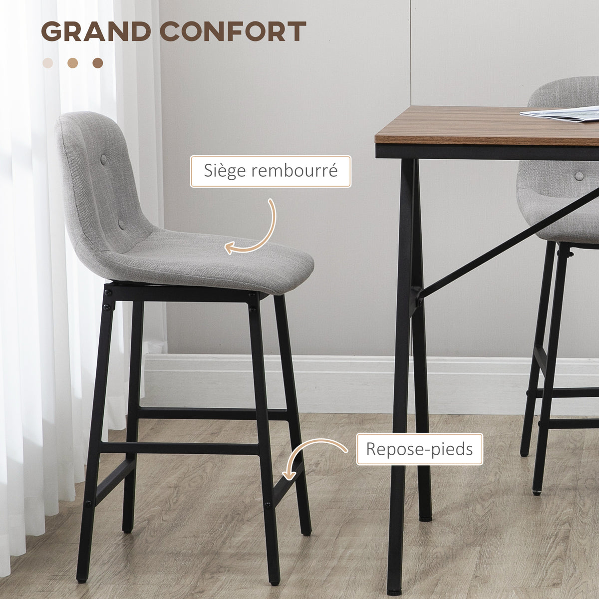 Bartafelset met krukken, statafel voor eetkamer met 4 gestoffeerde stoelen, stalen poten, 120x60x91 cm, grijs