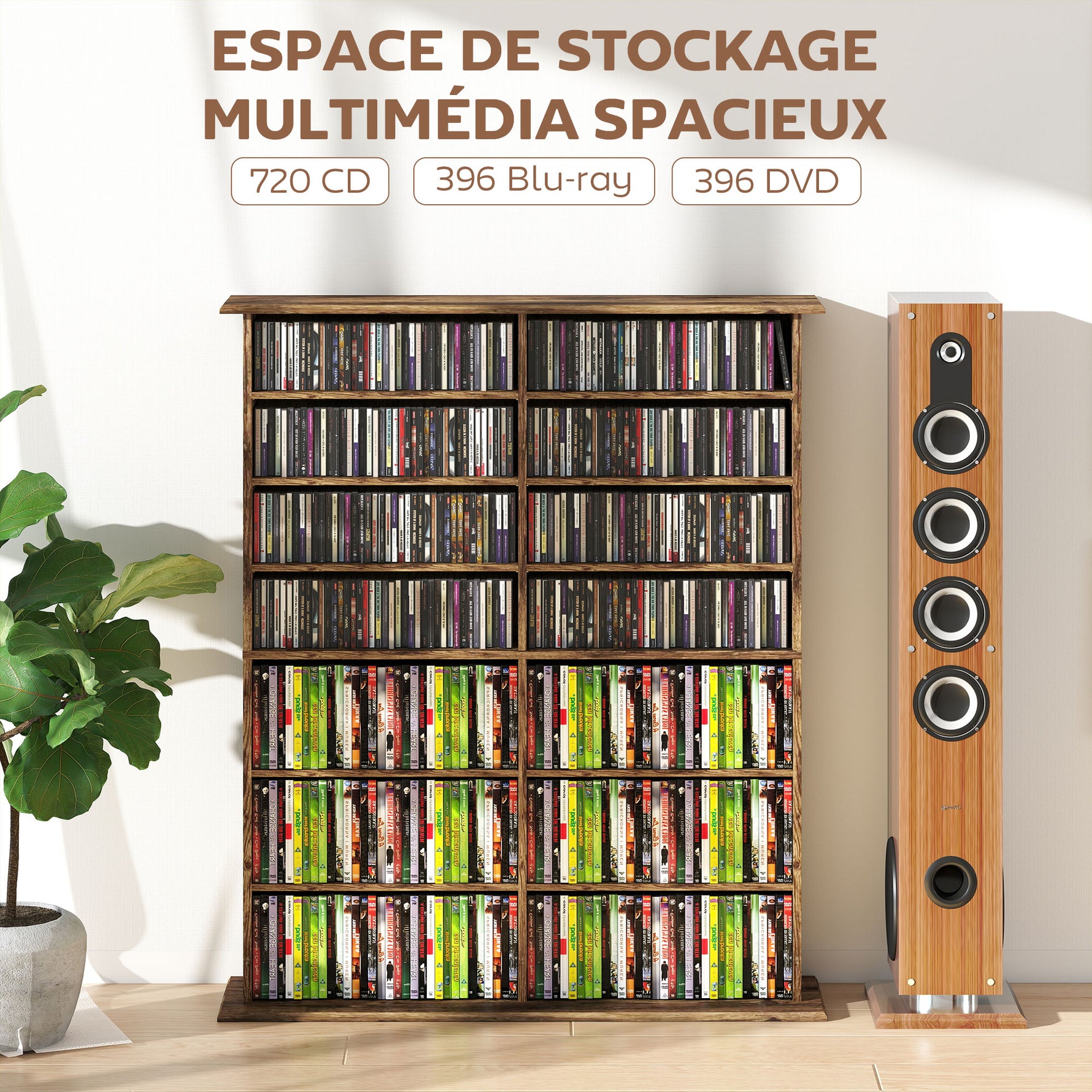 Rangements pour CD et DVD avec 16 compartiments et 12 étagères réglables capacité max. 720 CD/396 DVD et Blu-ray marron