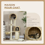 Arbre à chats griffoir sisal naturel 2 niches plateforme hamac peluche jacinthe d'eau - 60 x 60 x 150 cm beige