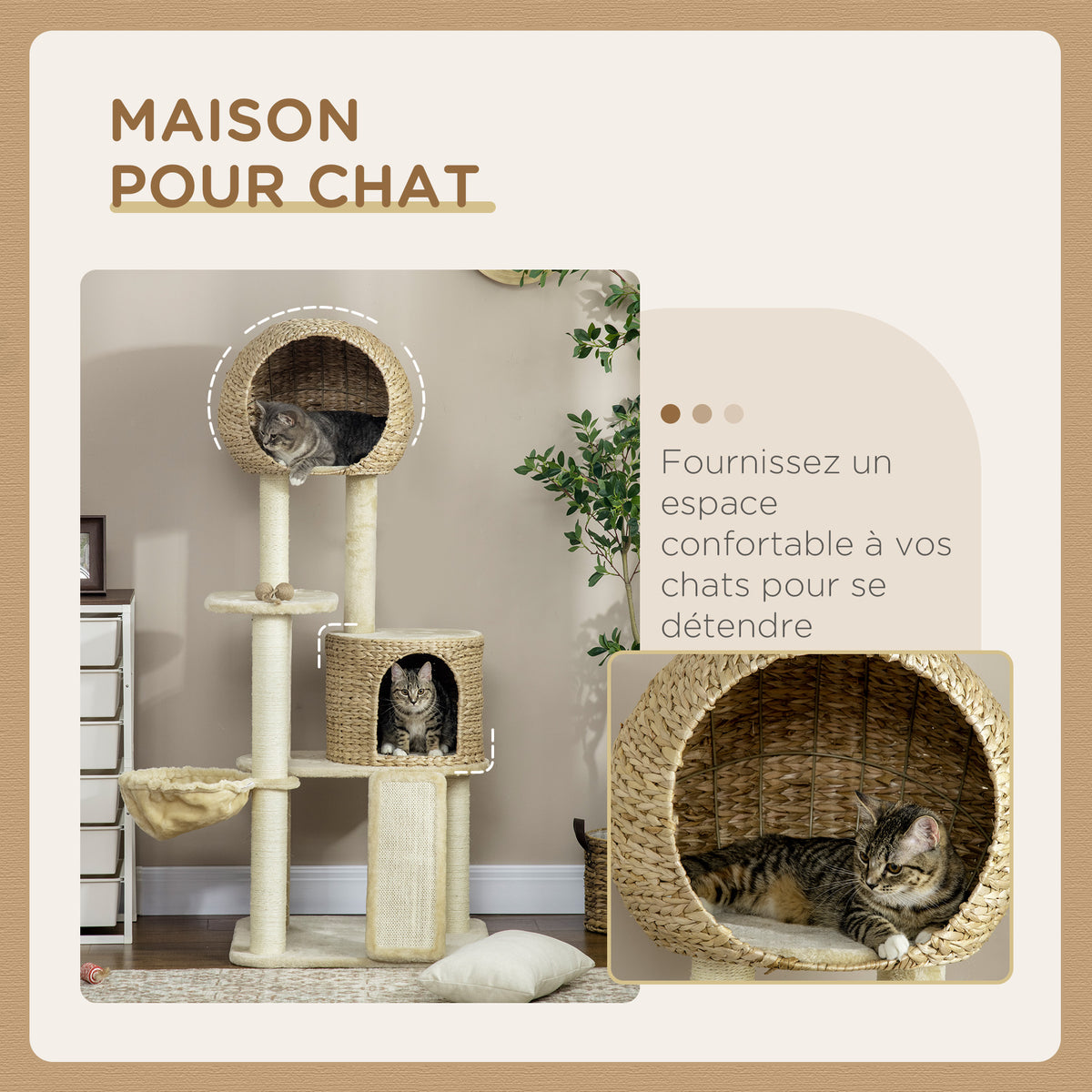 Arbre à chats griffoir sisal naturel 2 niches plateforme hamac peluche jacinthe d'eau - 60 x 60 x 150 cm beige