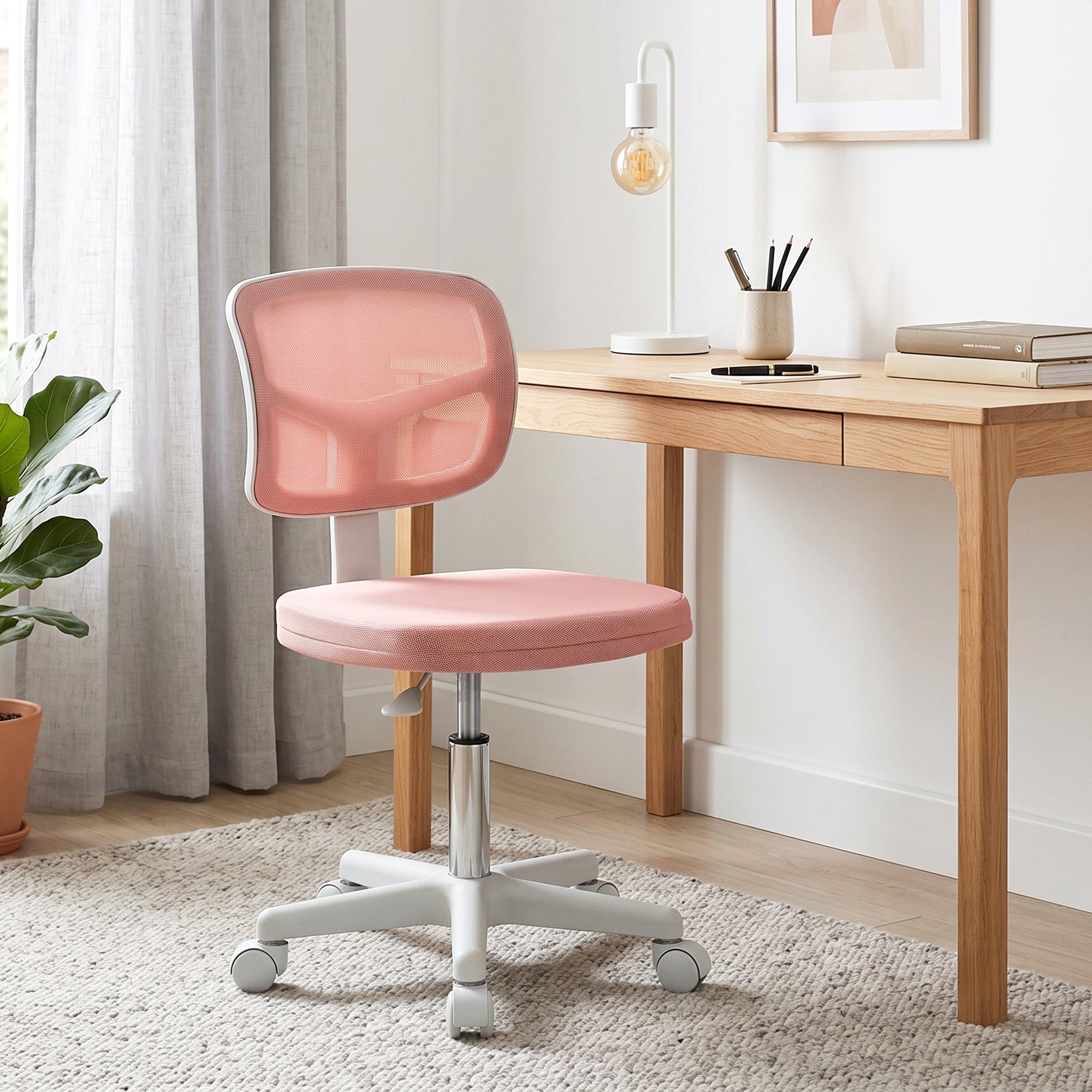 Chaise de Bureau Ergonomique Sans Accoudoirs, Fauteuil de Bureau Pivotant, Dossier Courbé en Maille et Roulettes, Rose