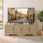 Meuble TV 140 cm, Meuble Télé pour Téléviseur jusqu'à 60 Pouces, 4 Portes Cannelées et Étagères Réglables, Chêne