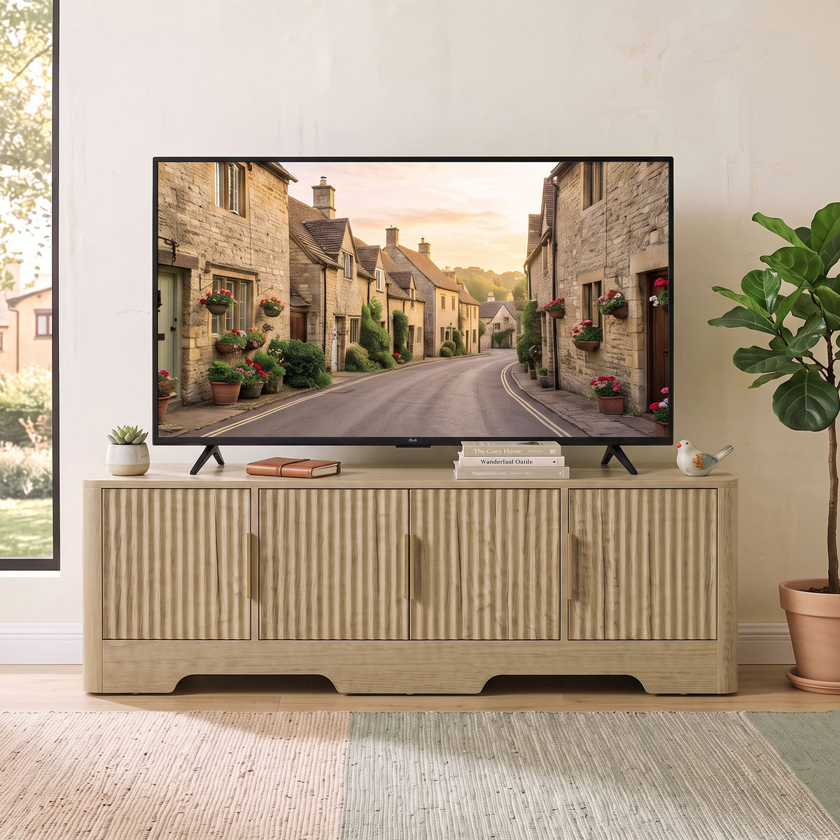Meuble TV 140 cm, Meuble Télé pour Téléviseur jusqu'à 60 Pouces, 4 Portes Cannelées et Étagères Réglables, Chêne