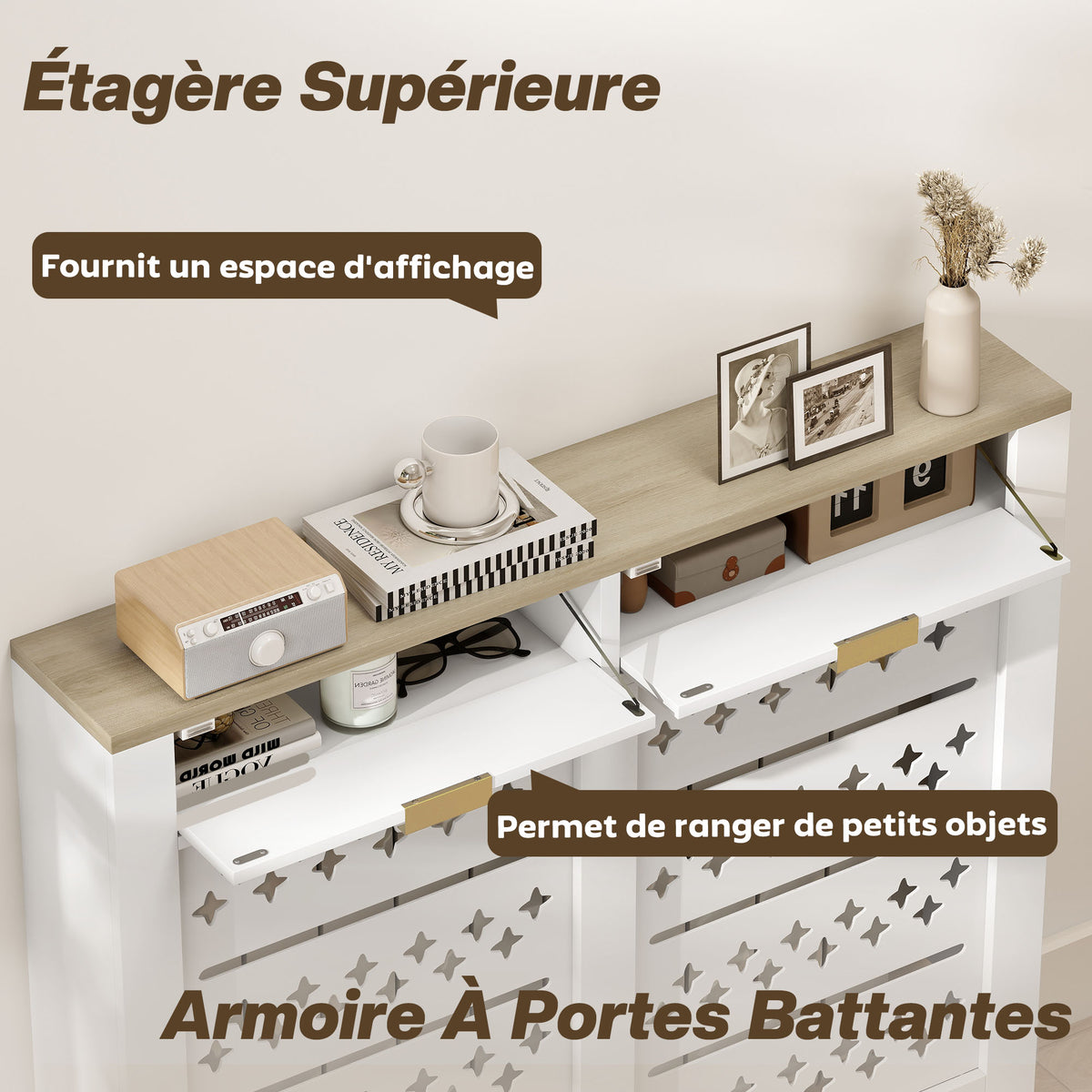 Couvercle de radiateur, cache radiateur avec placard rabattable et étagère supérieur, 108 x 19 x 95,5 cm, blanc