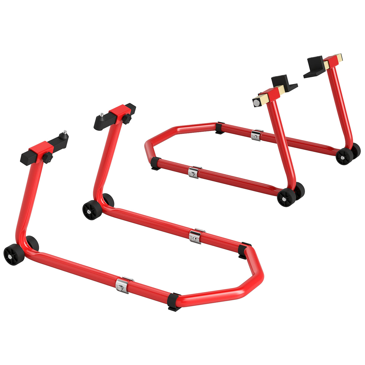 Cavalletto Moto, Capacità 390 kg, Supporto Anteriore e Posteriore Regolabile con Forche a U+L, Morsetti di Fissaggio, 43x36x64cm, Rosso