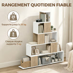 Étagère de rangement, bibliothèque géométrique à 5 niveaux, pour bureau, salon, chambre, blanc et bois naturel