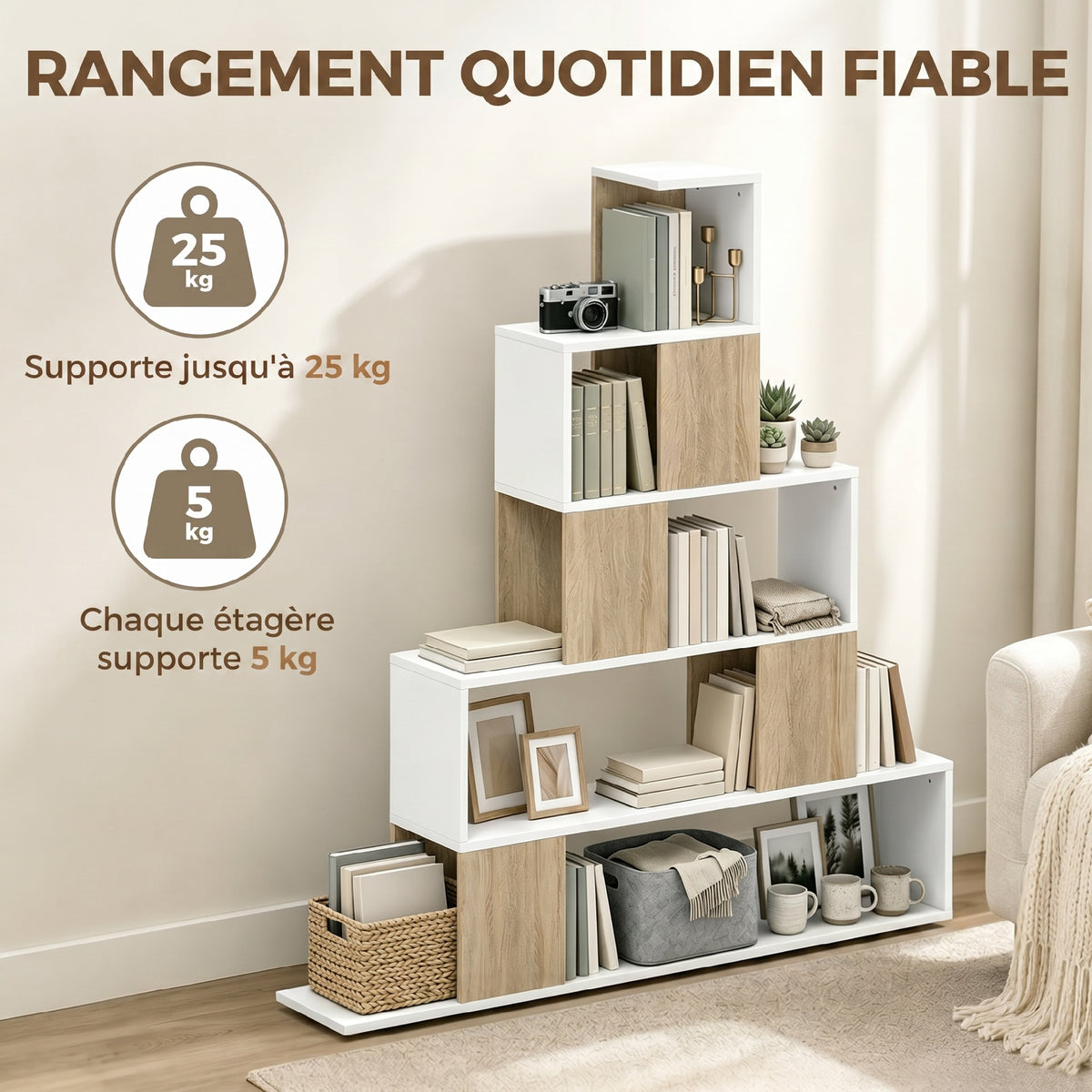 Étagère de rangement, bibliothèque géométrique à 5 niveaux, pour bureau, salon, chambre, blanc et bois naturel