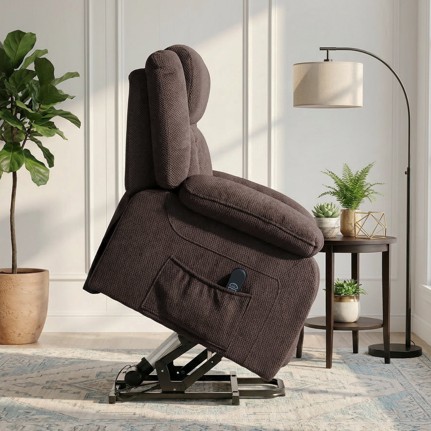Fauteuil Releveur Électrique, Fauteuil Relax Électrique en Velours, Dossier Inclinable, Assise Large, Port USB, Marron
