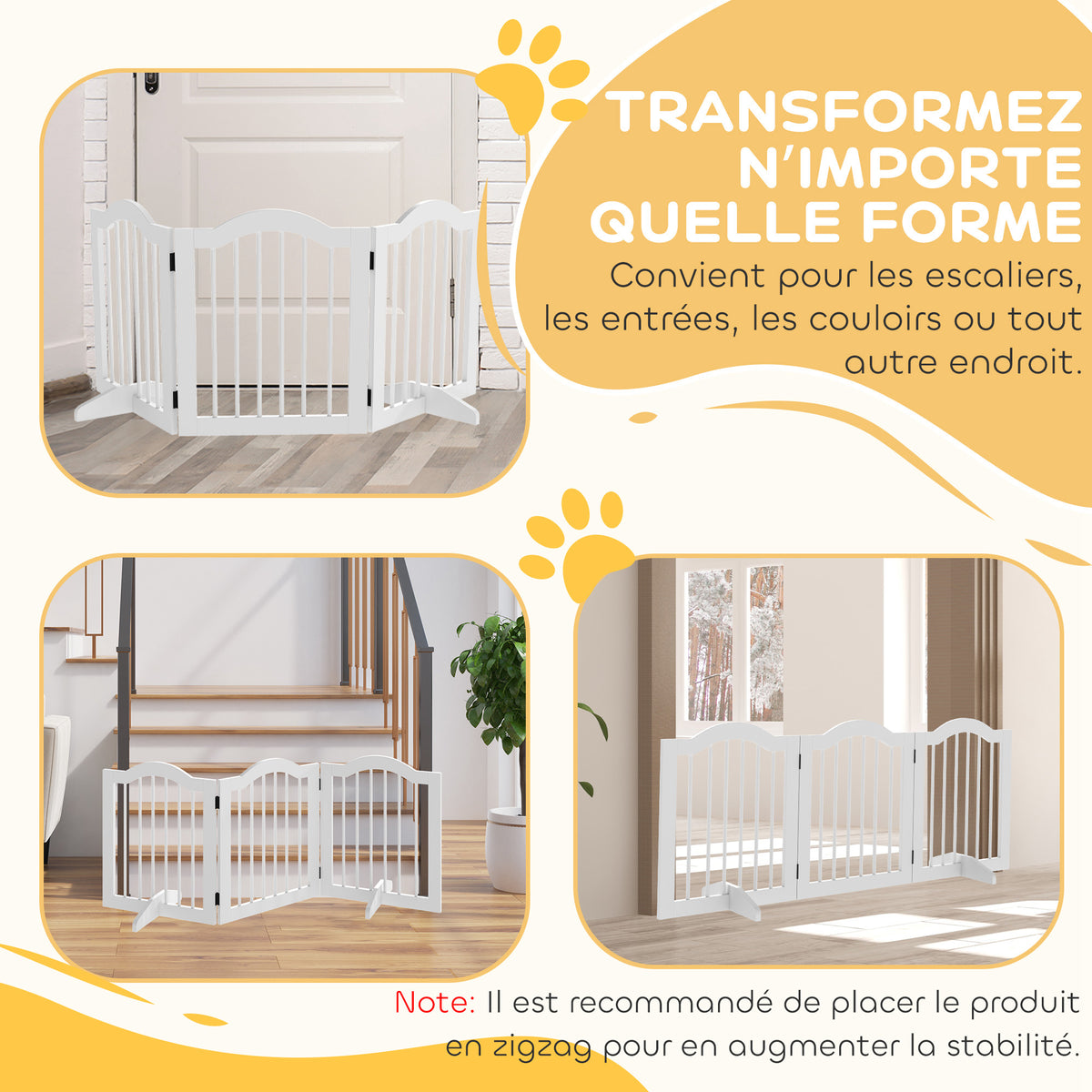 Barrière de sécurité chien barrière modulable pliable pour animaux de compagnie avec pied de support MDF bois massif 154,5 x 61 cm blanc