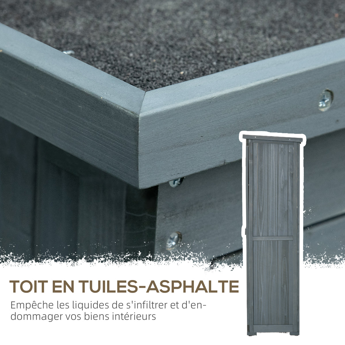Armoire de jardin remise pour outils en bois 2 étagères toit bitumé portes persiennes 87 x 47 x 160 gris