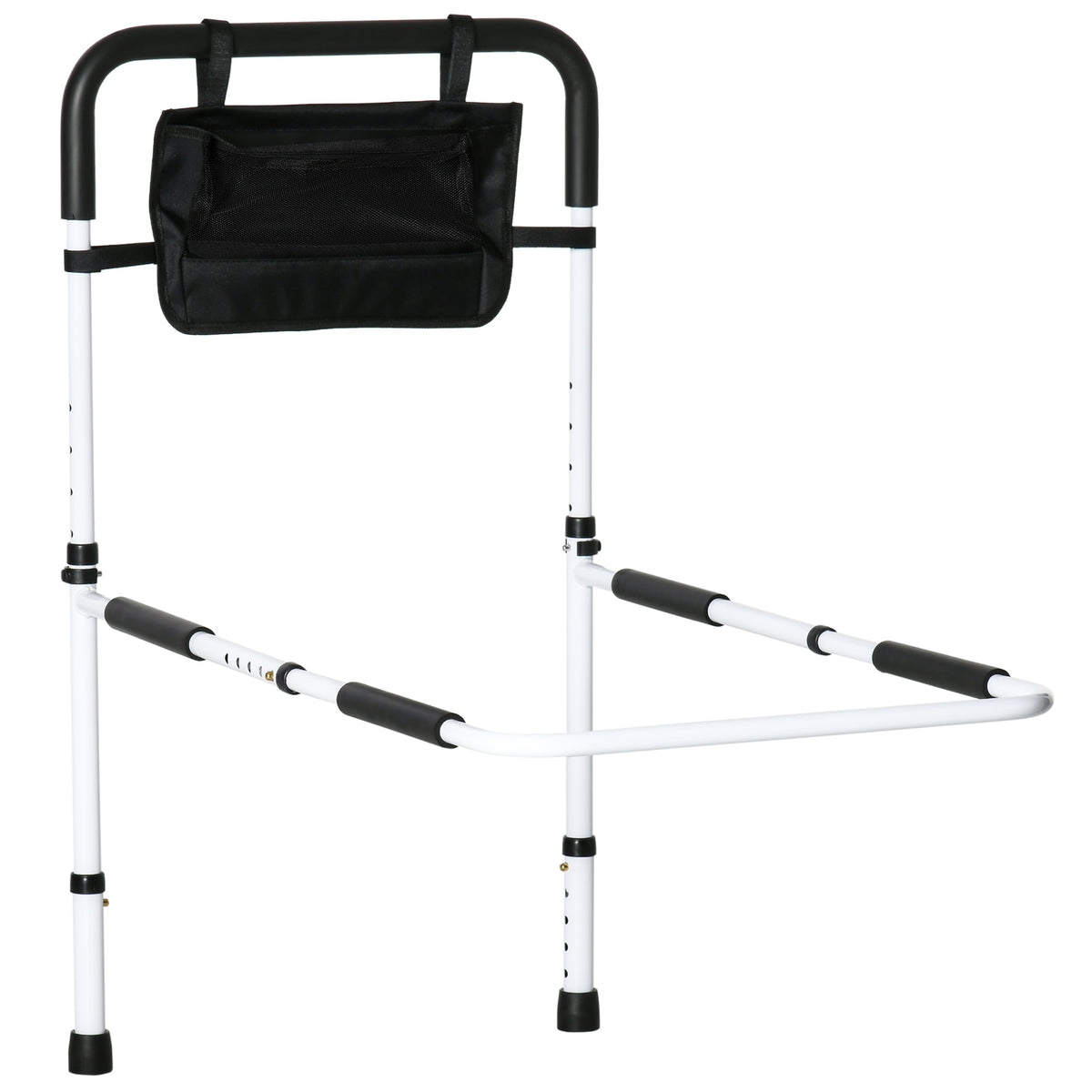 Sponda letto con piedini, protezione regolabile in 5 altezze, tasca portaoggetti, 52 x 85-95 x 71-102 cm, bianco nero