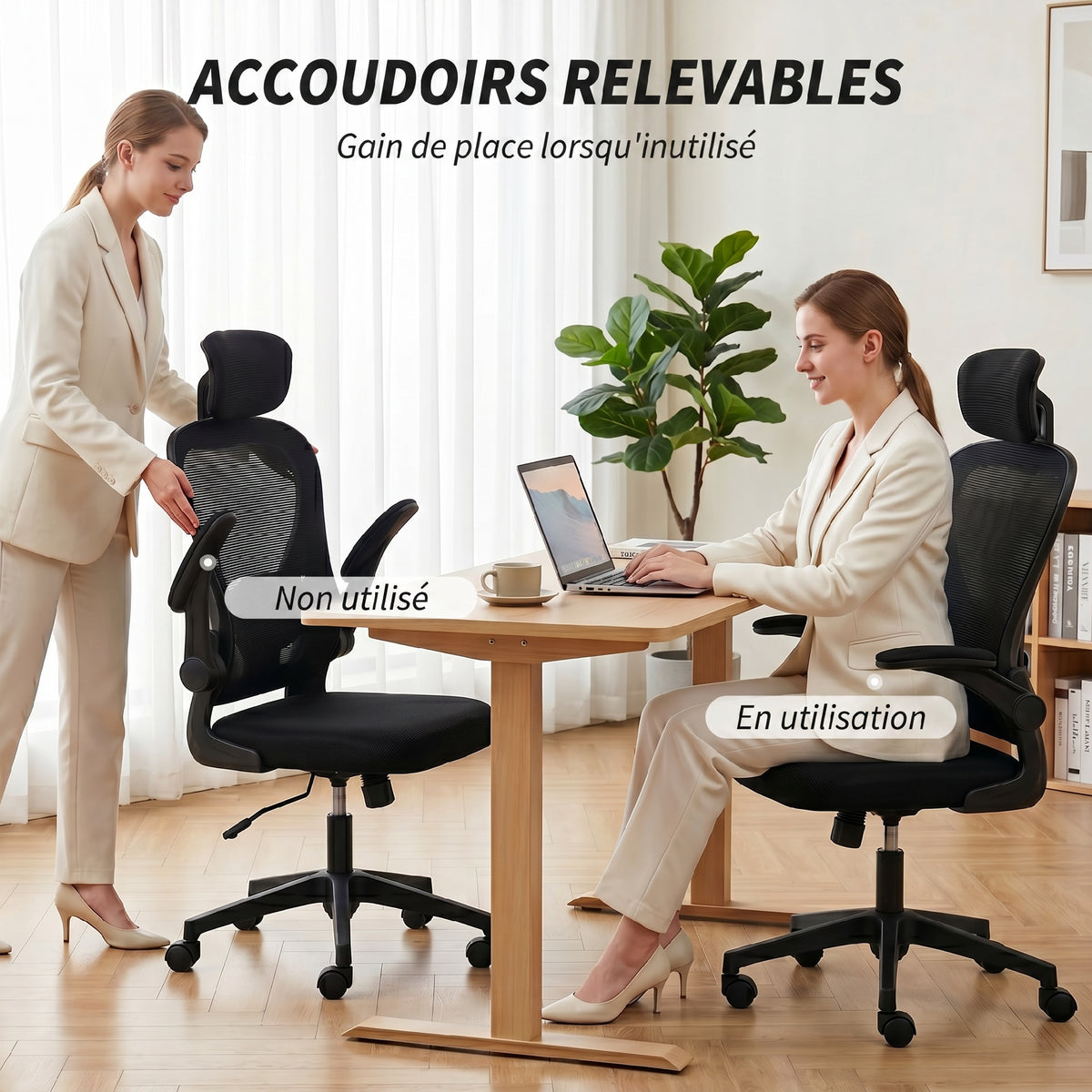 Chaise de Bureau Ergonomique, Fauteuil de Bureau en Maille avec Appui-Tête et Soutien Lombaire Réglables, Noir