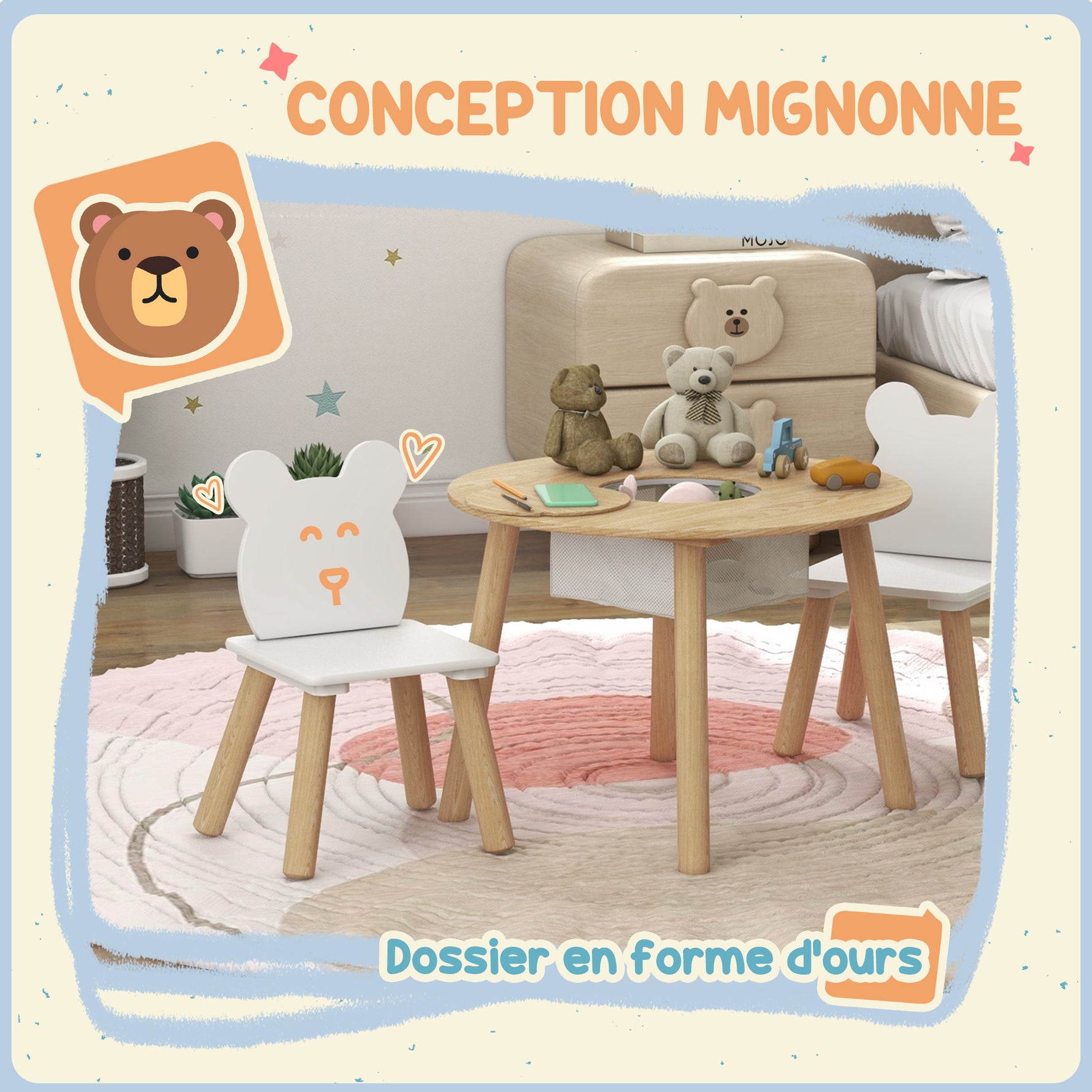 Ensemble 1 table ronde, 2 chaises pour enfant 3 pièces, dossier en forme d'ours, activités, bricolage, repas, 3-6 ans