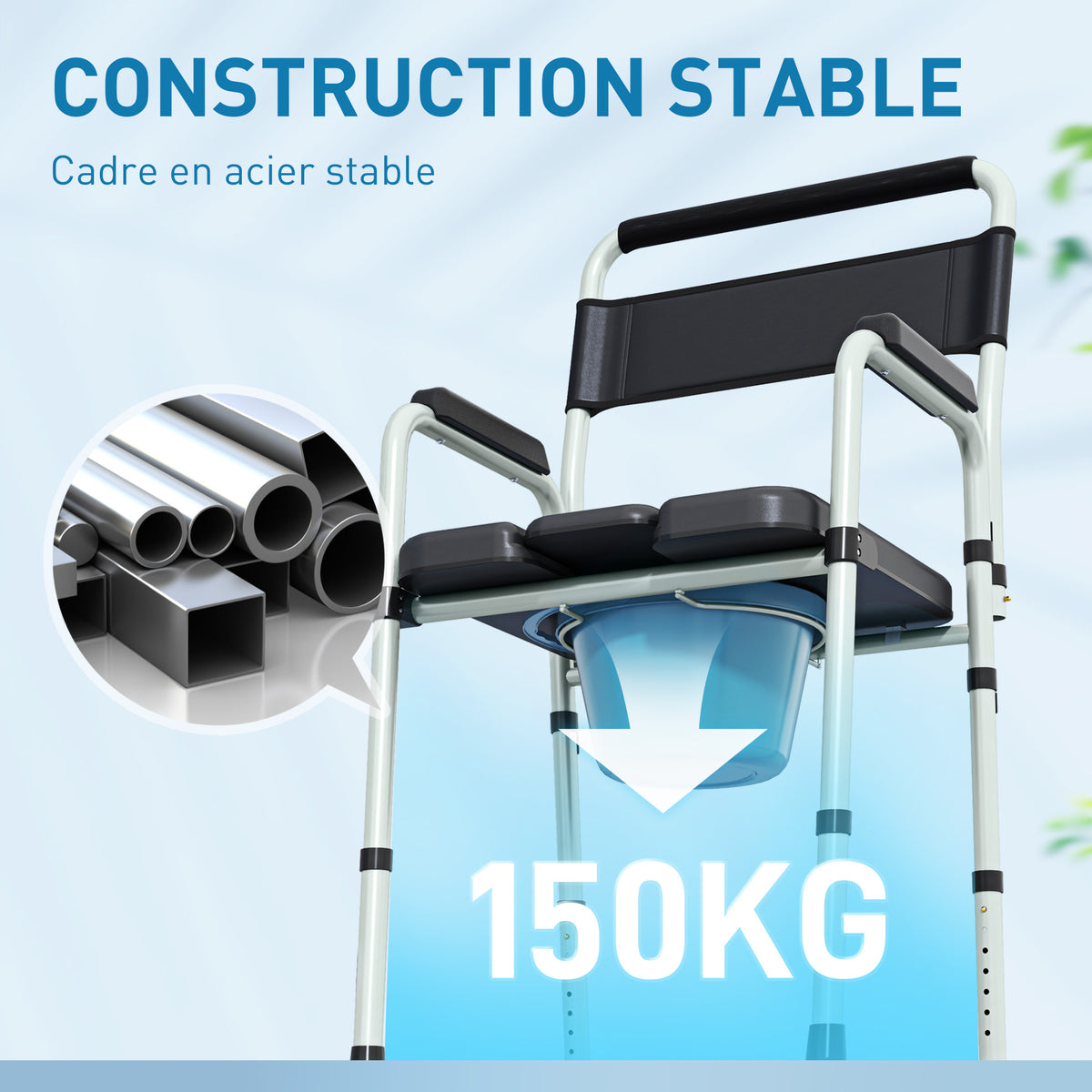Silla inodoro plegable antideslizante de altura regulable, asiento y reposabrazos acolchados, carga 150 kg, negro