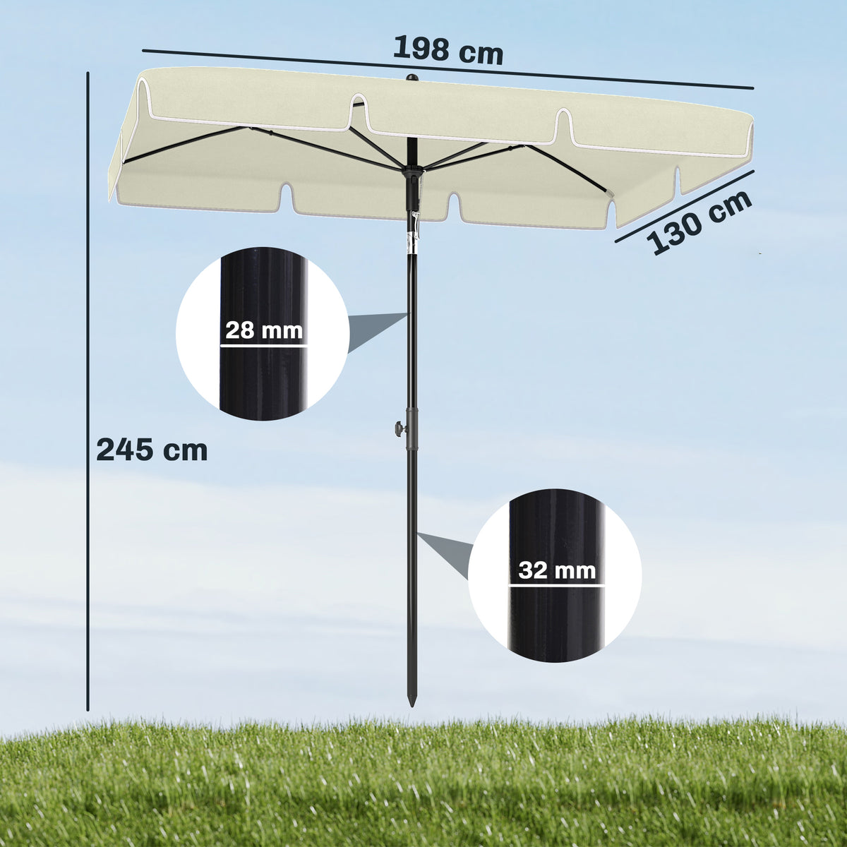 Ombrellone da giardino ombrellone dritto rettangolare inclinabile alluminio metallo poliestere ad alta densità 2 x 1,3 m beige chiaro
