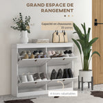 Meuble à chaussures 20 paires, armoire à chaussures, 4 tiroirs rabattables, étagères réglables, 105x24x82,5cm, blanc