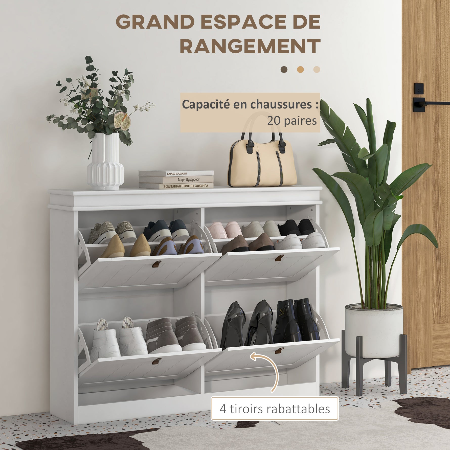 Meuble à chaussures 20 paires, armoire à chaussures, 4 tiroirs rabattables, étagères réglables, 105x24x82,5cm, blanc