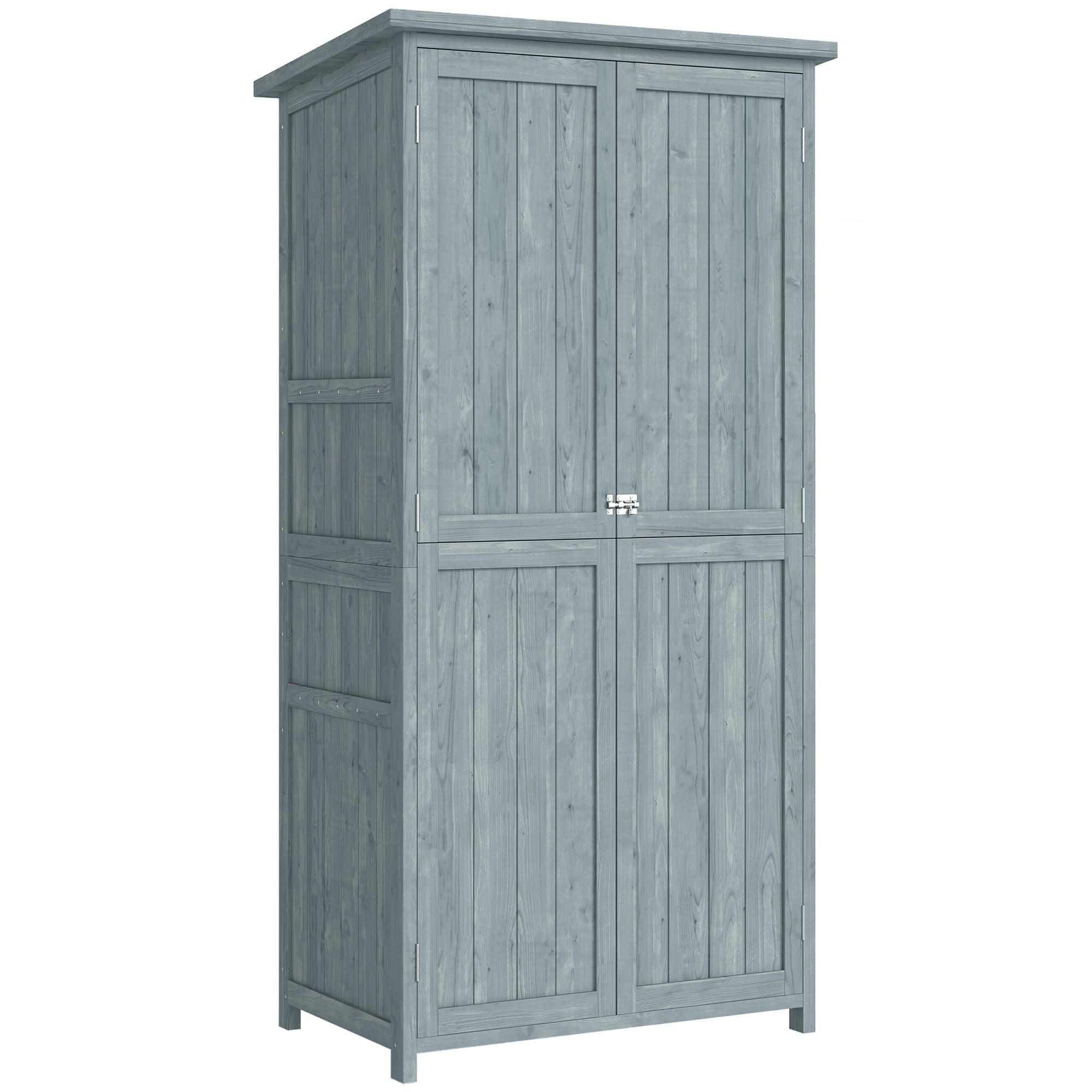 Garden cabinet, wooden outdoor storage cabinet with 2 lockable doors, 2 shelves and 10 hooks, grey