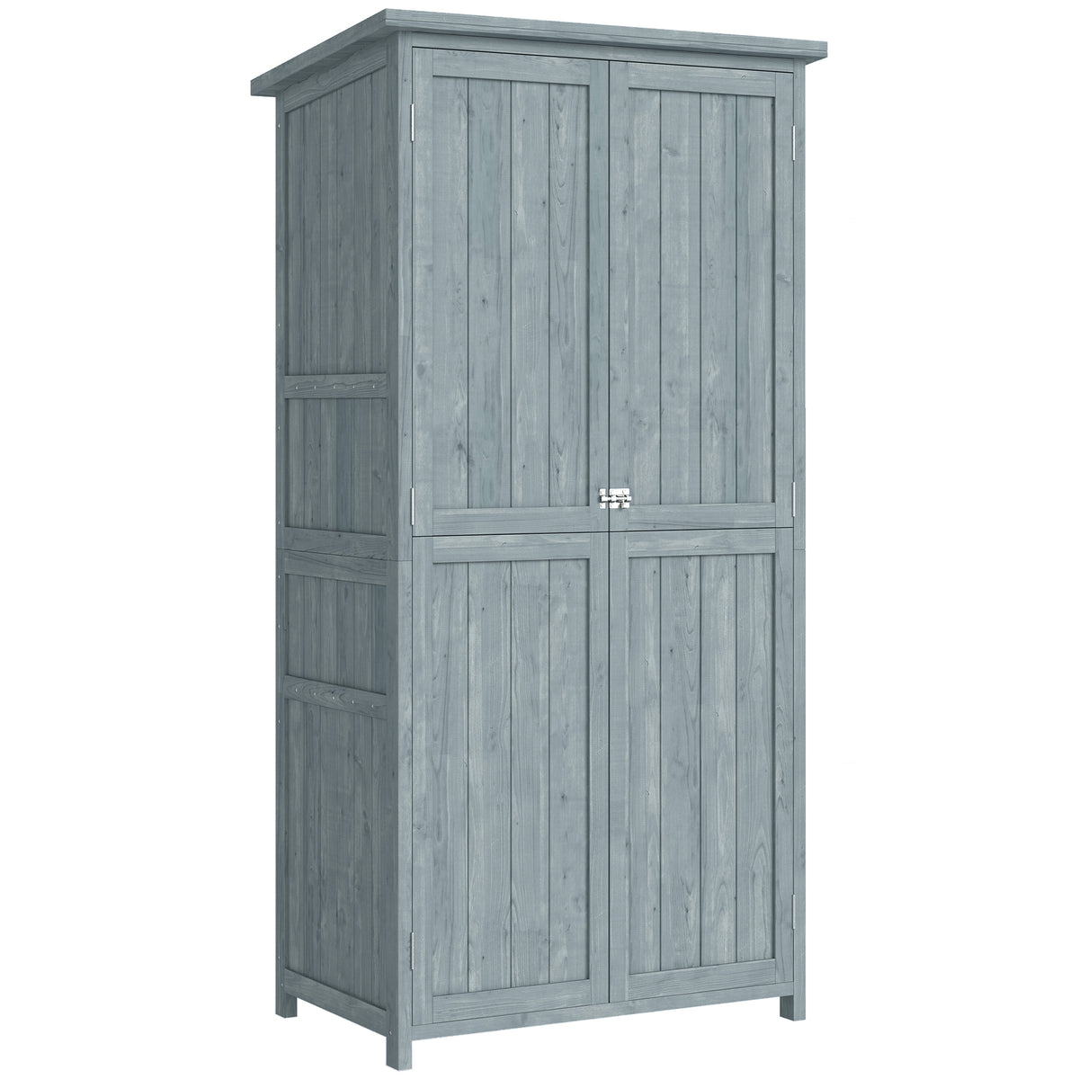 Armoire de jardin, armoire extérieure de rangement en bois avec 2 portes verrouillables, 2 étagères et 10 crochets, gris