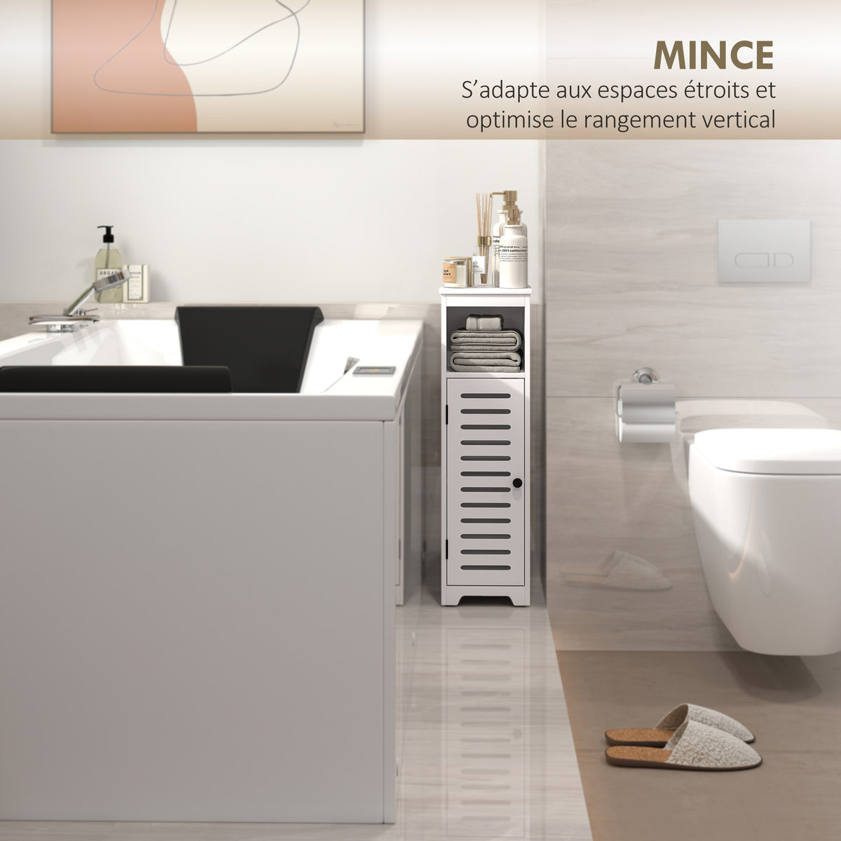Meuble salle de bain, armoire salle de bain 4 niveaux  porte persienne, étagère ouvert, 22x20x75cm, blanc