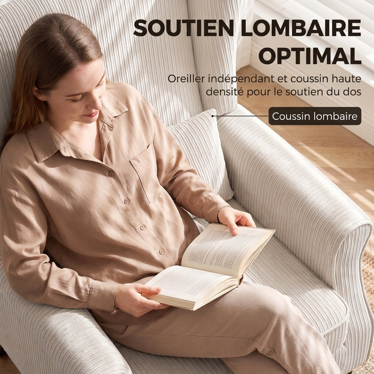 Wohnzimmersessel, moderner Beistellsessel aus Cord mit hoher Ohrensessel-Rückenlehne, Lendenkissen, Beige