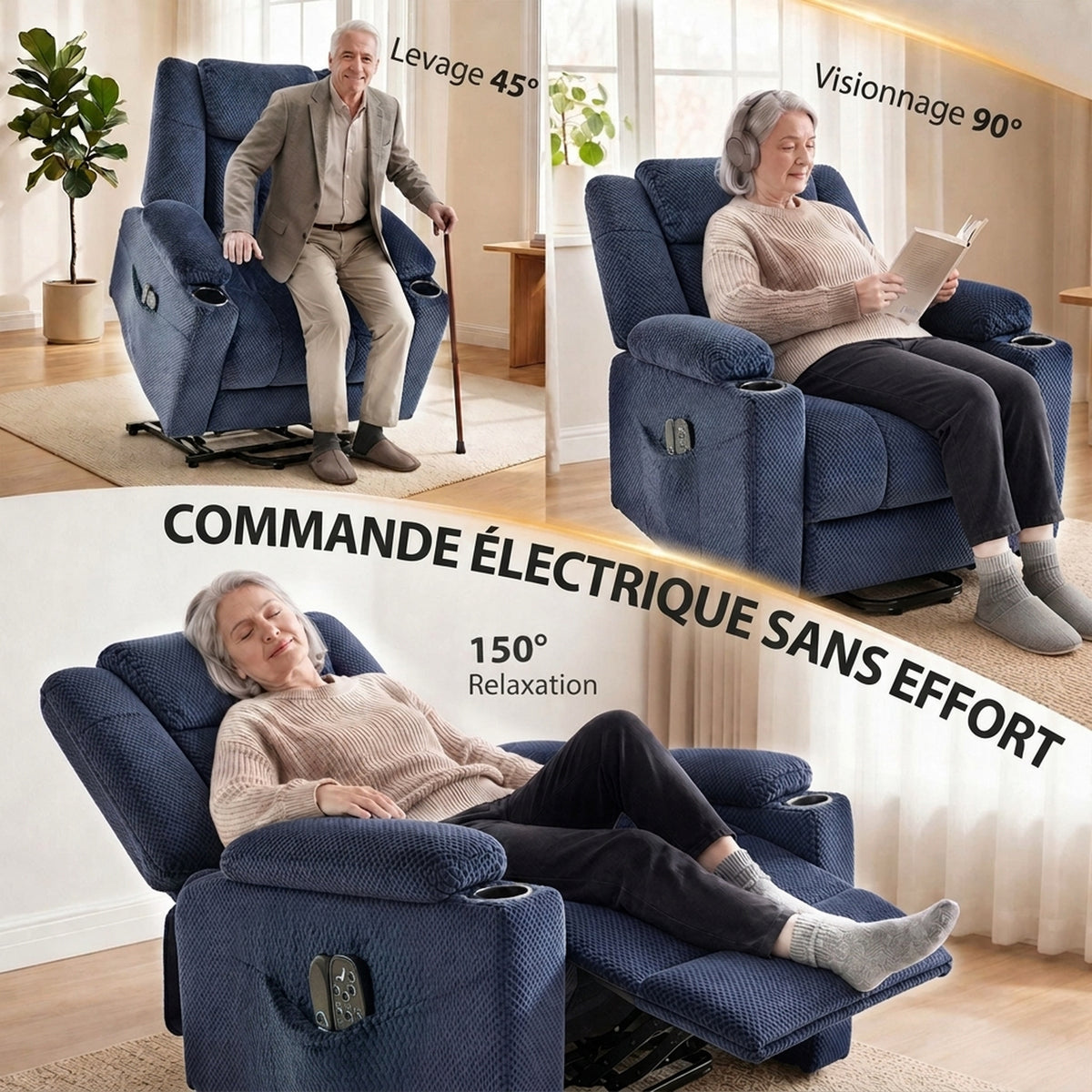 Fauteuil Releveur Électrique Massage Vibration et Chaleur, Fauteuil Relax Électrique en Velours, Dossier Inclinable Bleu