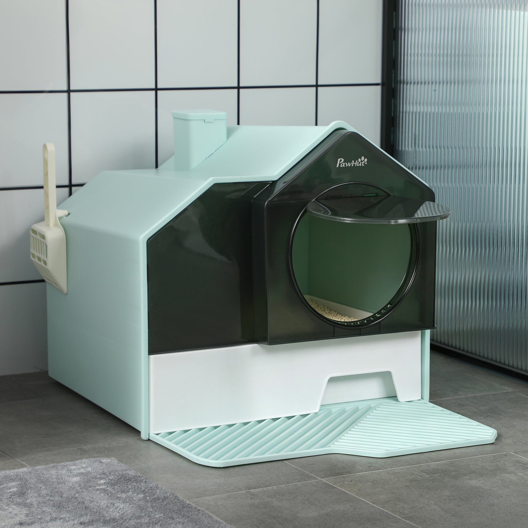 Maison de toilette bac à litière pour chat design maisonnette avec pelle, filtre et tapis dim. 47L x 45l x 42H cm bleu