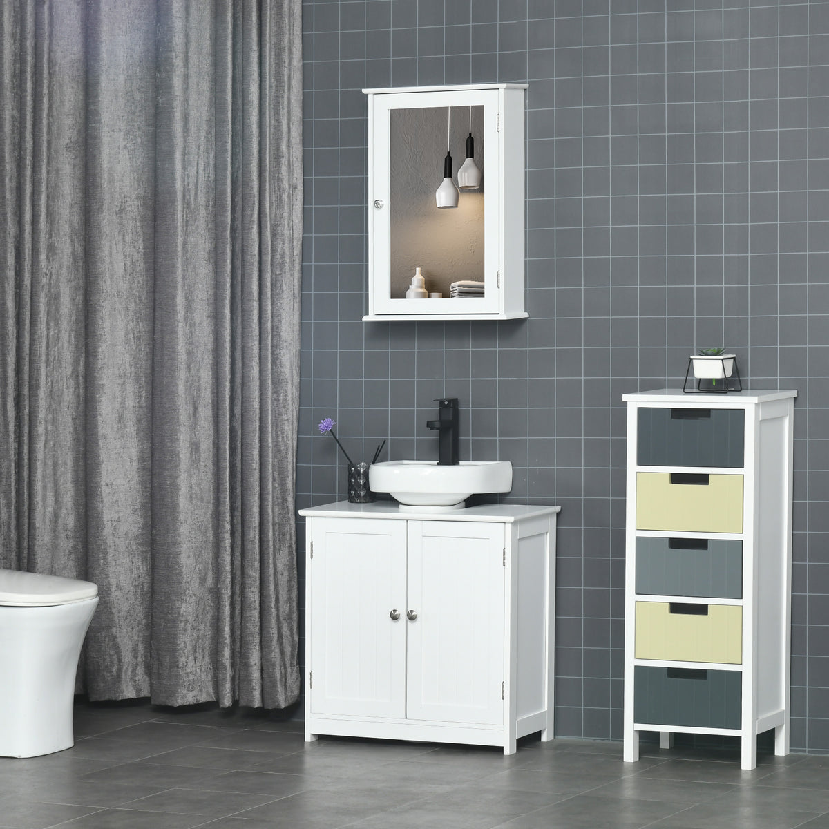 Badezimmer-Wandschrank mit Spiegel - Spiegelschrank - WC-Aufbewahrungsschrank - 1 Tür, 2 Ablagen - Glas MDF Weiß