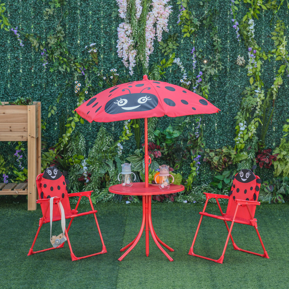Ensemble Salon de Jardin Enfant 4 pcs Design Coccinelle - Table Ronde + 2 chaises Pliables + Parasol - métal époxy Oxford Rouge