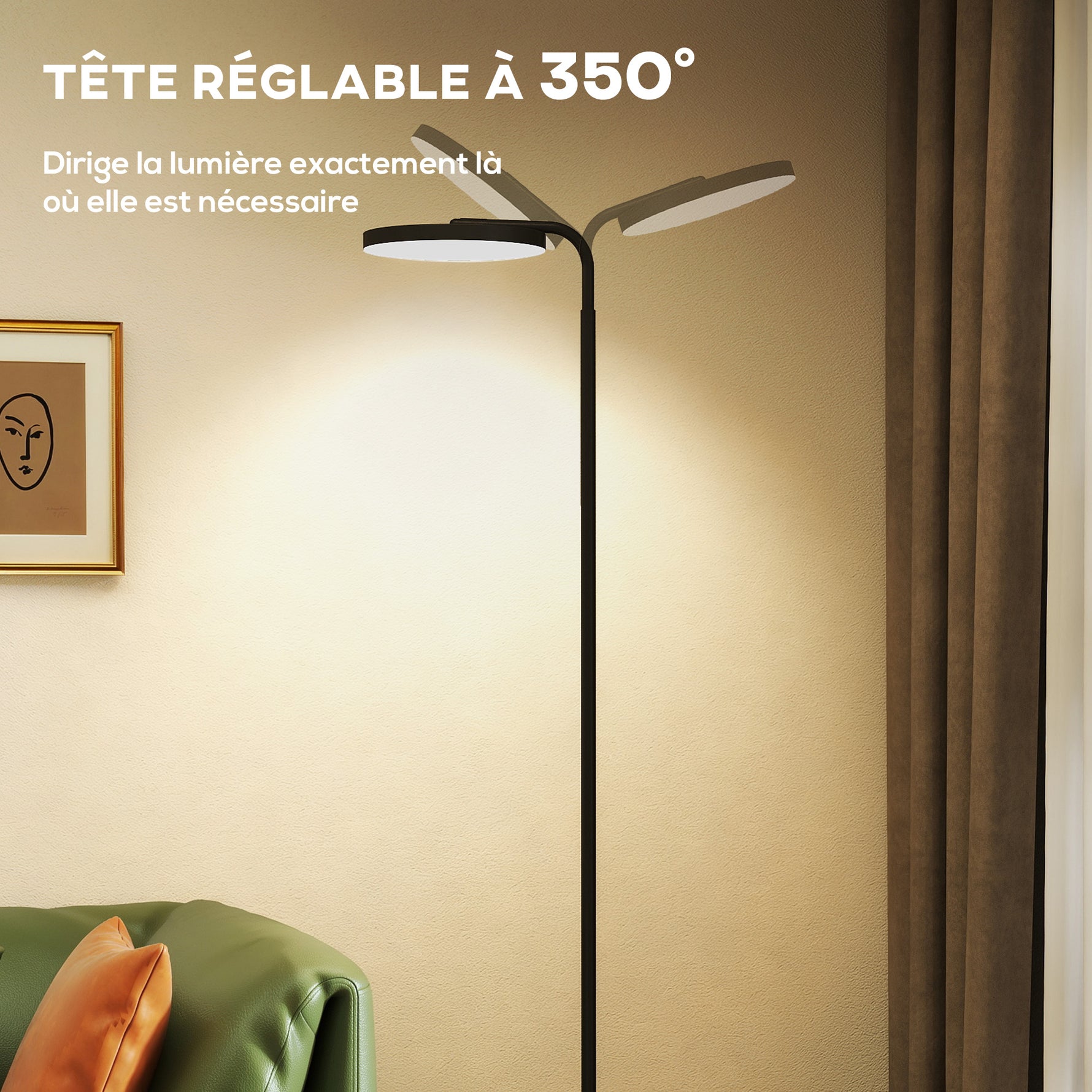 Lampadaire LED, lampe sur pied à intensité variable, tête rotative 350 °, télécommande magnétique, 41x25x177cm, noir
