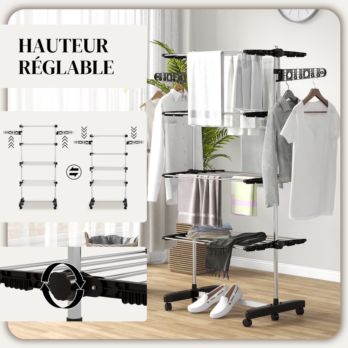 Folding laundry drying rack with side wings for indoor and outdoor use, 142 x 55 x 172 cm, 4 tiers, black