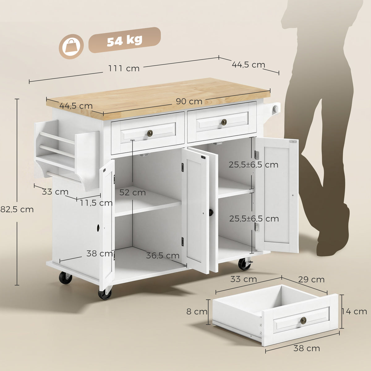Keukeneiland met rubberhouten blad, keukentrolley op wielen met 2 lades, 111 x 44,5 x 82,5 cm, wit