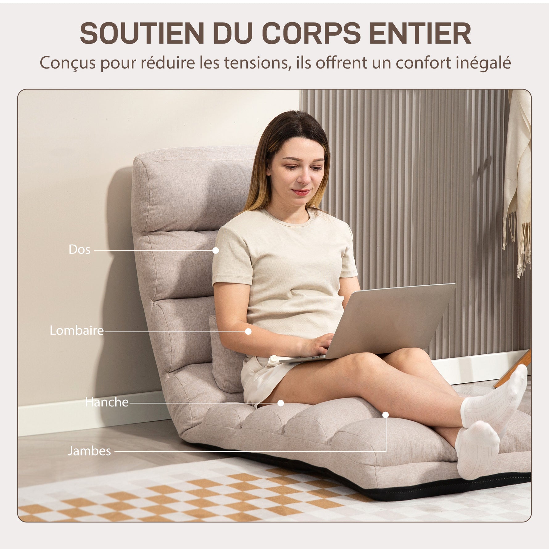 Chauffeuse 1 place fauteuil convertible avec dossier et appui-tête réglables sur 5 positions, 58x119x78cm, beige
