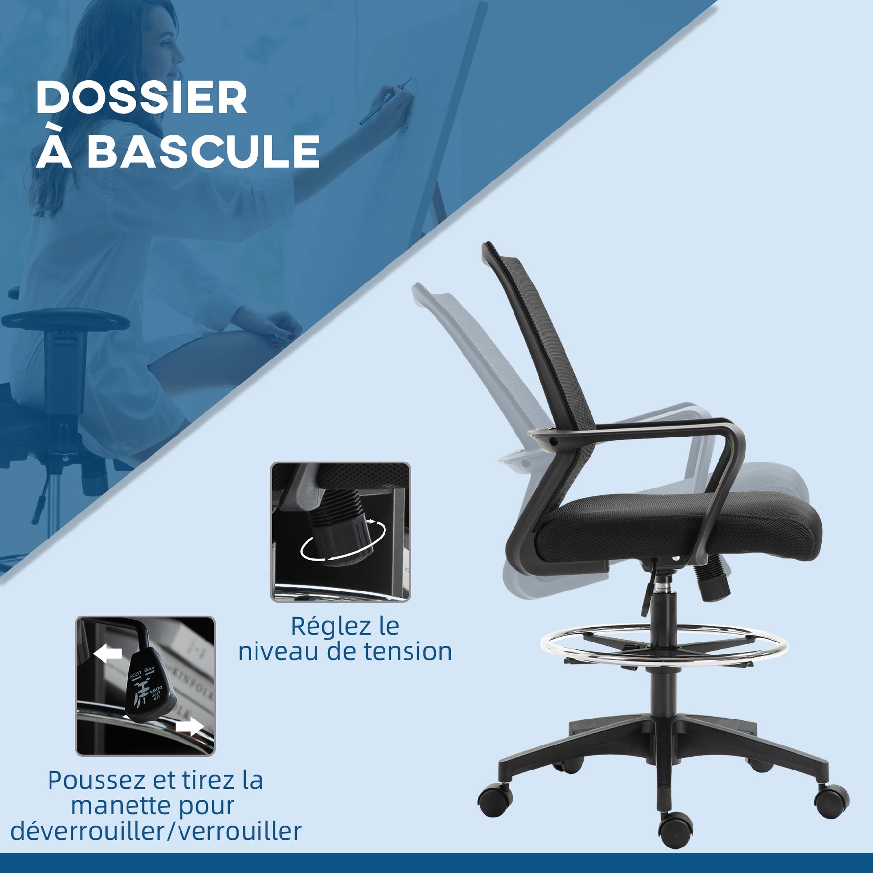 Lot de b2 fauteuils de bureau chaise de bureau assise haute réglable dim. 64L x 59l x 104-124H cm